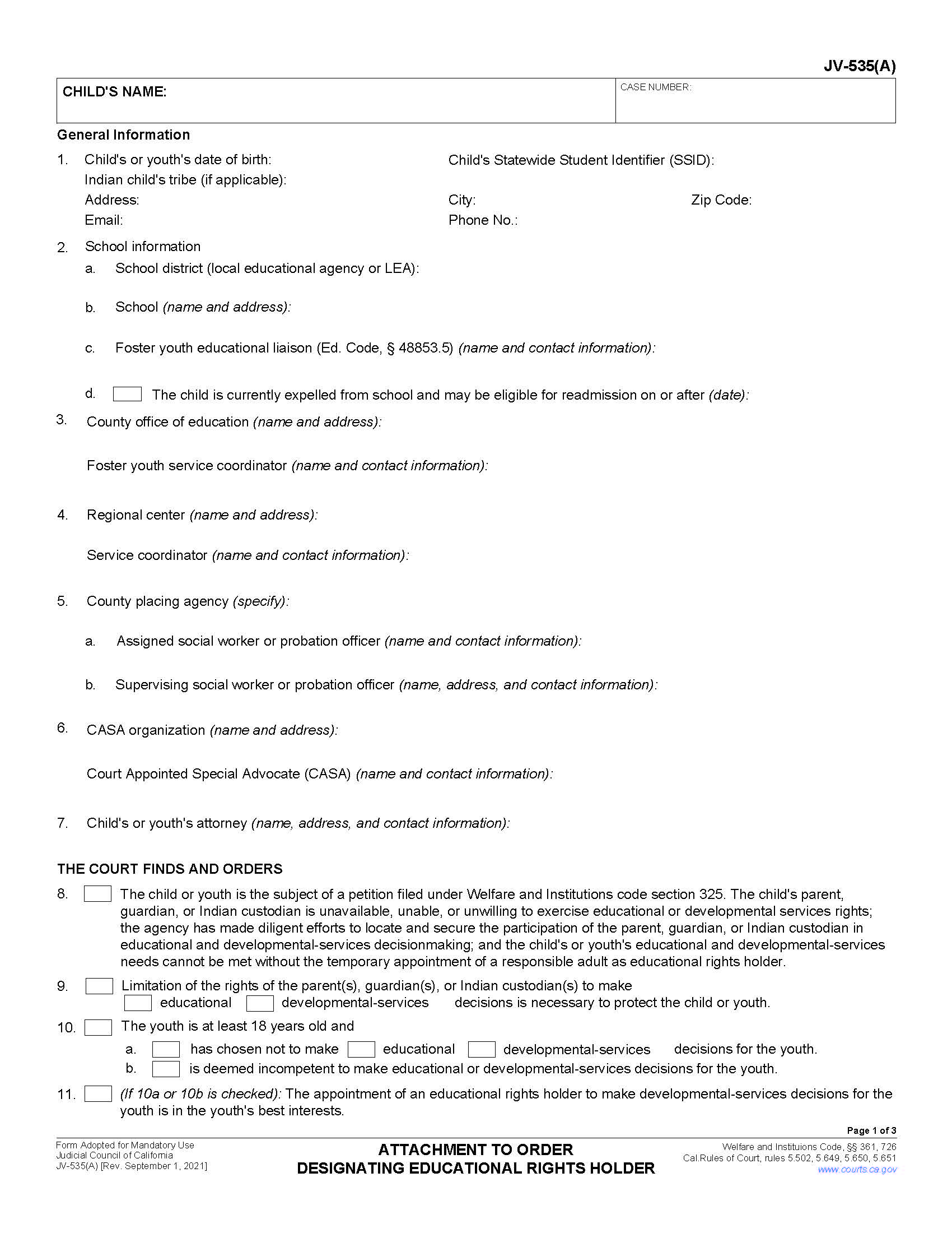 Attachment To Order Designating Educational Rights Holder {JV-535(A)} | Pdf Fpdf Doc Docx | California