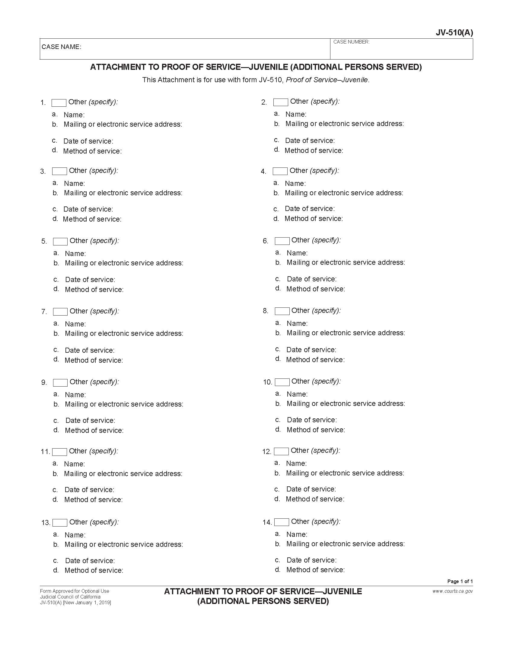 Attachment To Proof Of Service-Juvenile (Additional Person Served) {JV-510(A)} | Pdf Fpdf Docx | California