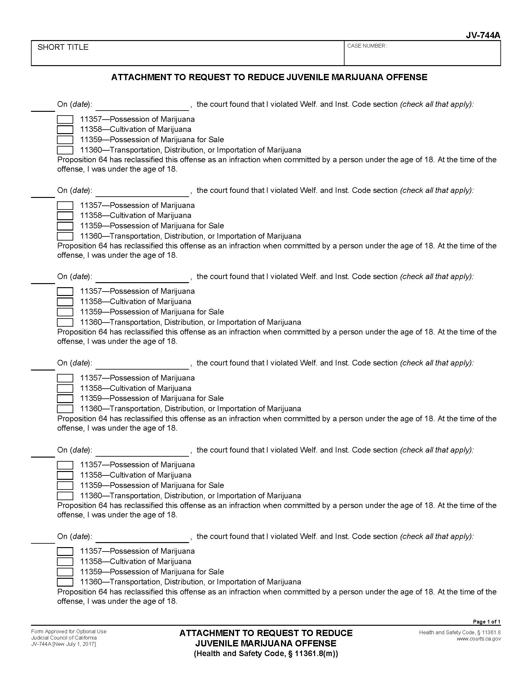 Attachment To Request To Reduce Juvenile Marijuana Offense {JV-744A} | Pdf Fpdf Doc Docx | California