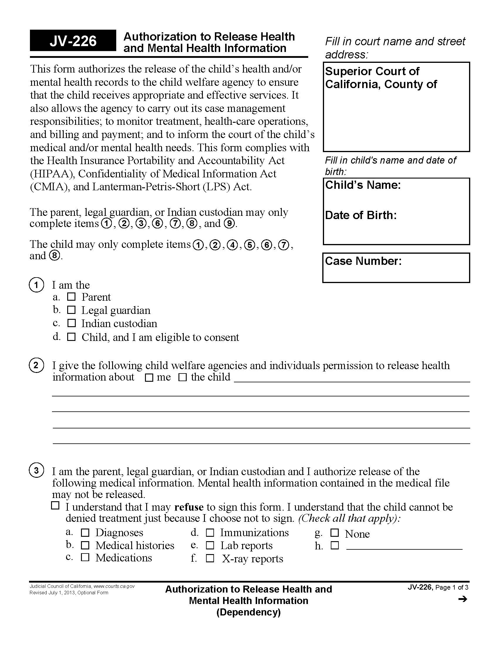 Authorization To Release Health And Mental Health Information {JV-226} | Pdf Fpdf Doc Docx | California