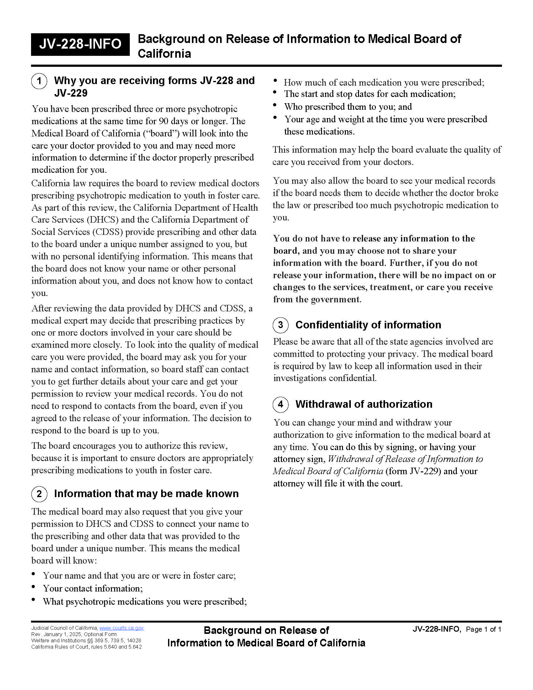 Background On Release Of Information To Medical Board Of California {JV-228-INFO} | Pdf Fpdf Docx | California