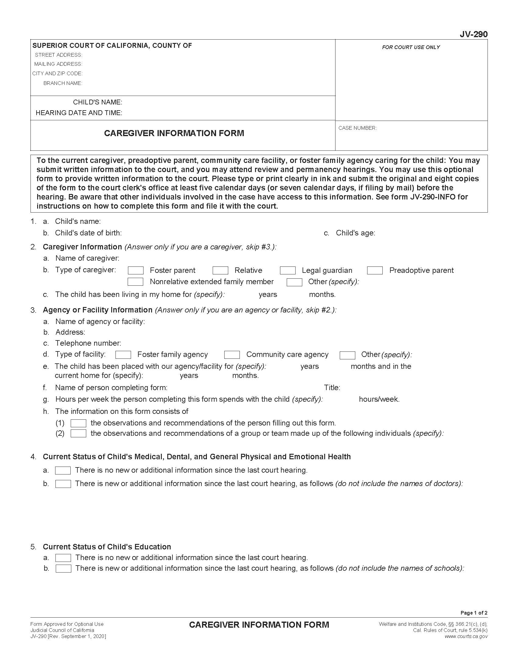 Caregiver Information Form {JV-290} | Pdf Fpdf Doc Docx | California