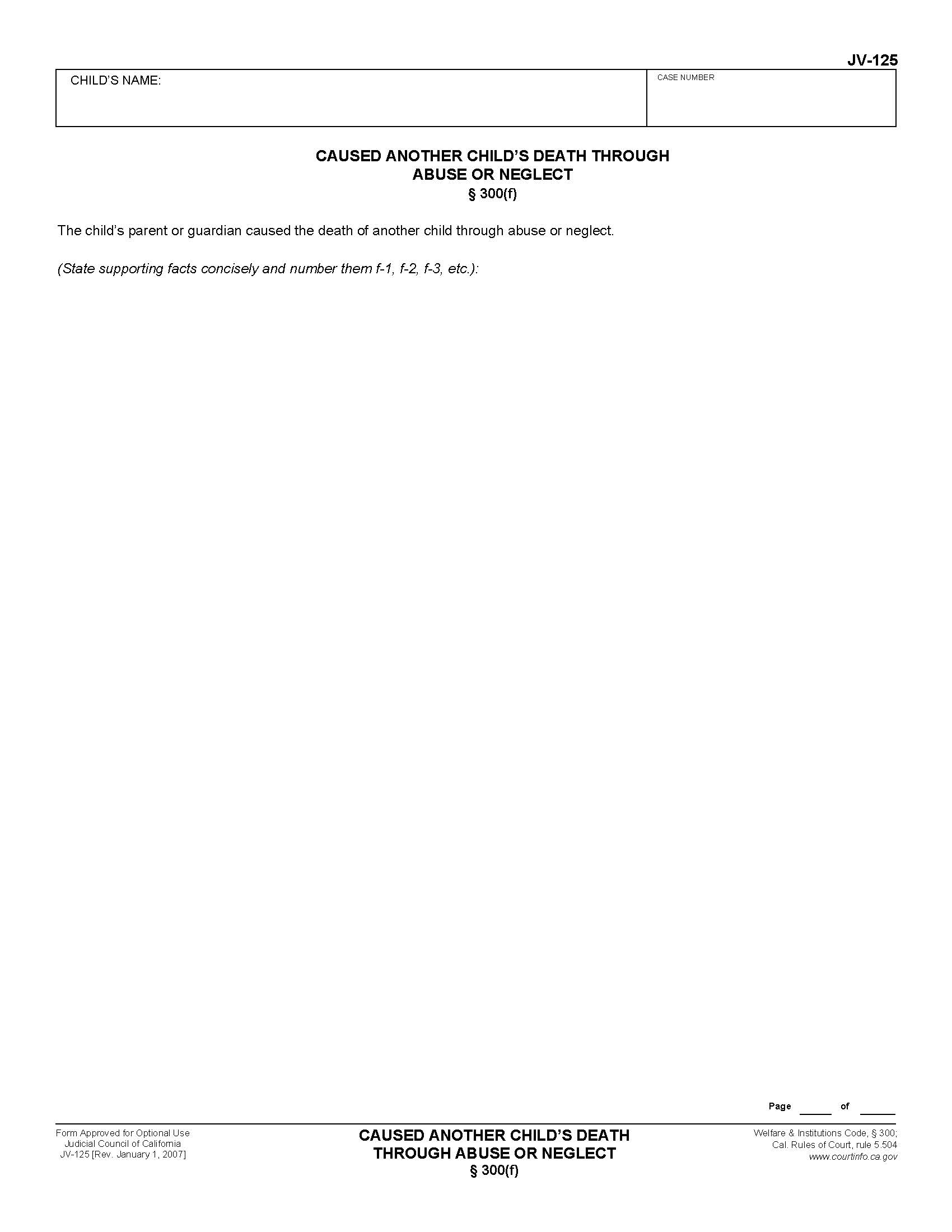 Caused Another Childs Death Through Abuse Or Neglect {JV-125} | Pdf Fpdf Doc Docx | California