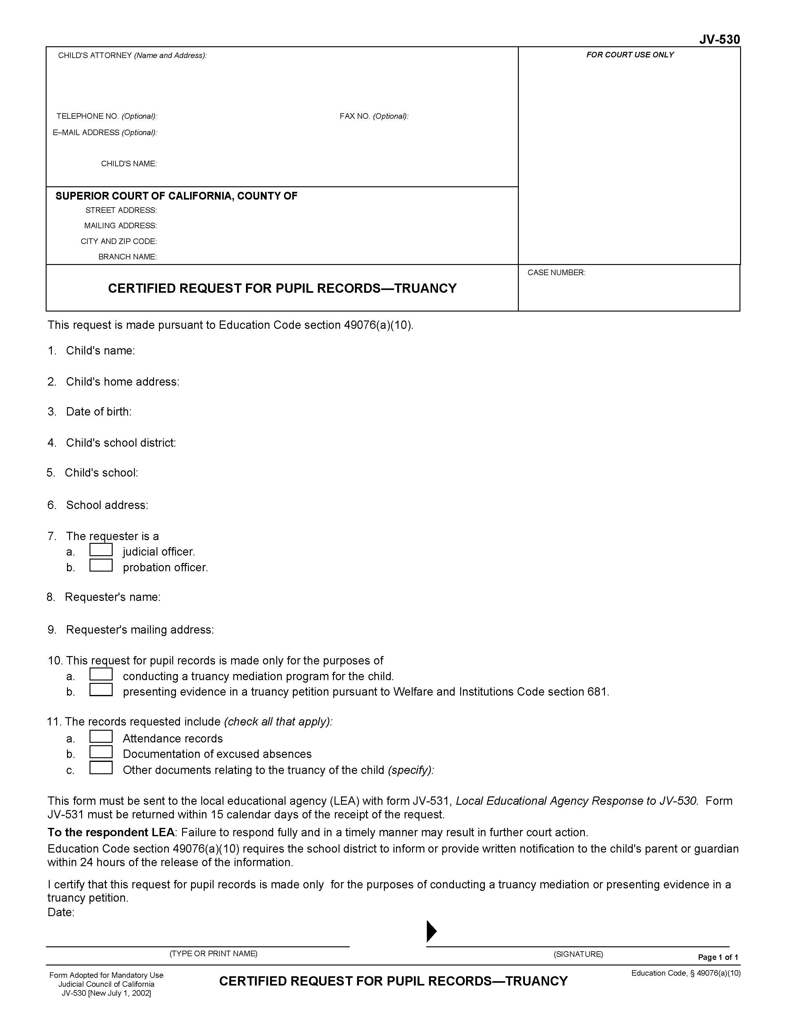 Certified Request For Pupil Records Truancy {JV-530} | Pdf Fpdf Doc Docx | California