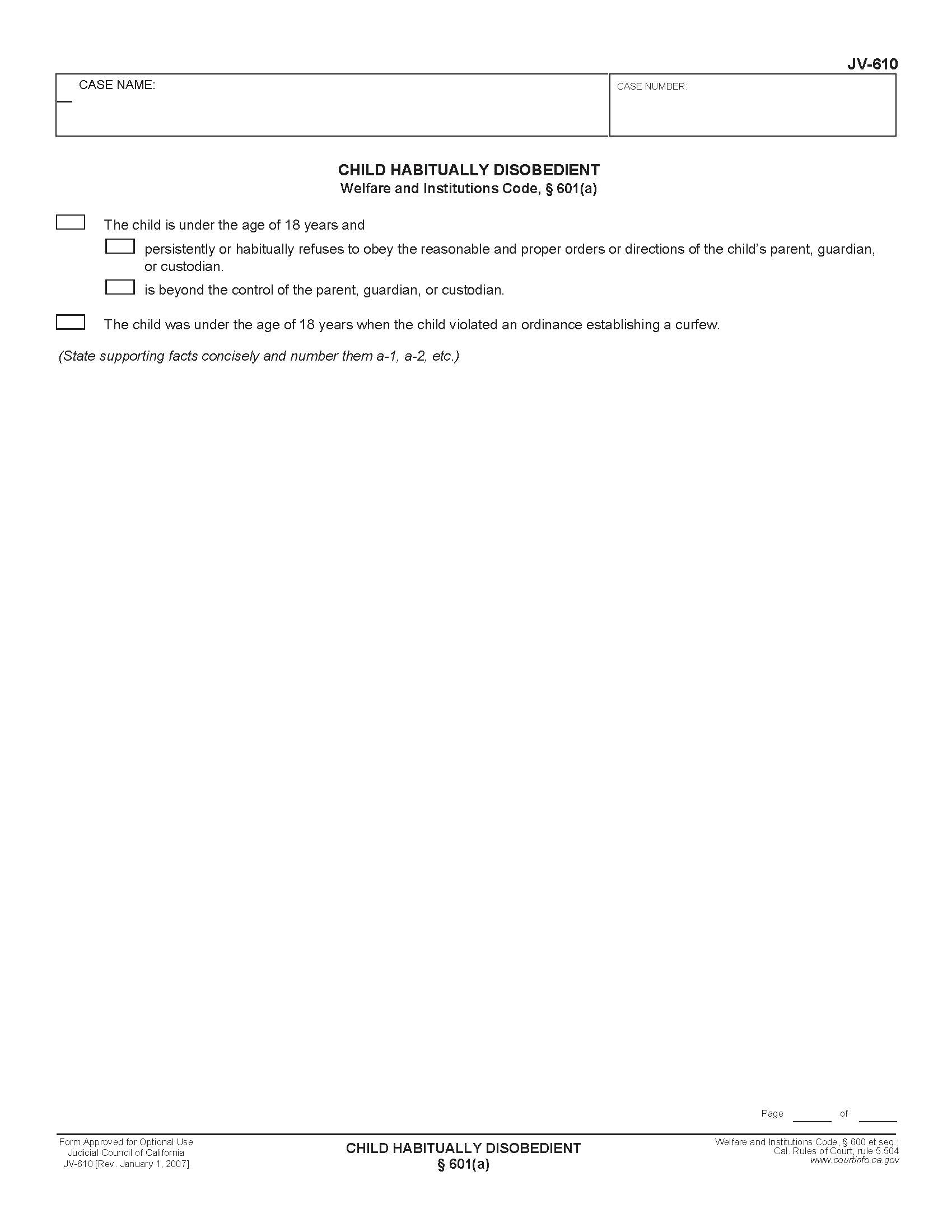 Child Habitually Disobedient 601(a) {JV-610} | Pdf Fpdf Doc Docx | California