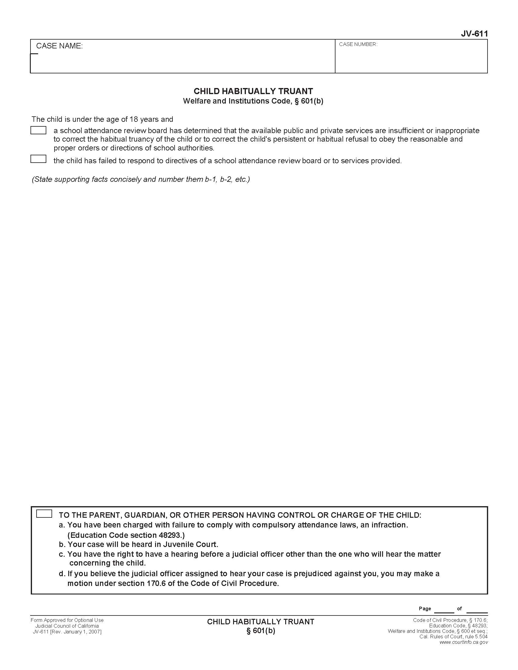 Child Habitually Truant 601(b) {JV-611} | Pdf Fpdf Doc Docx | California