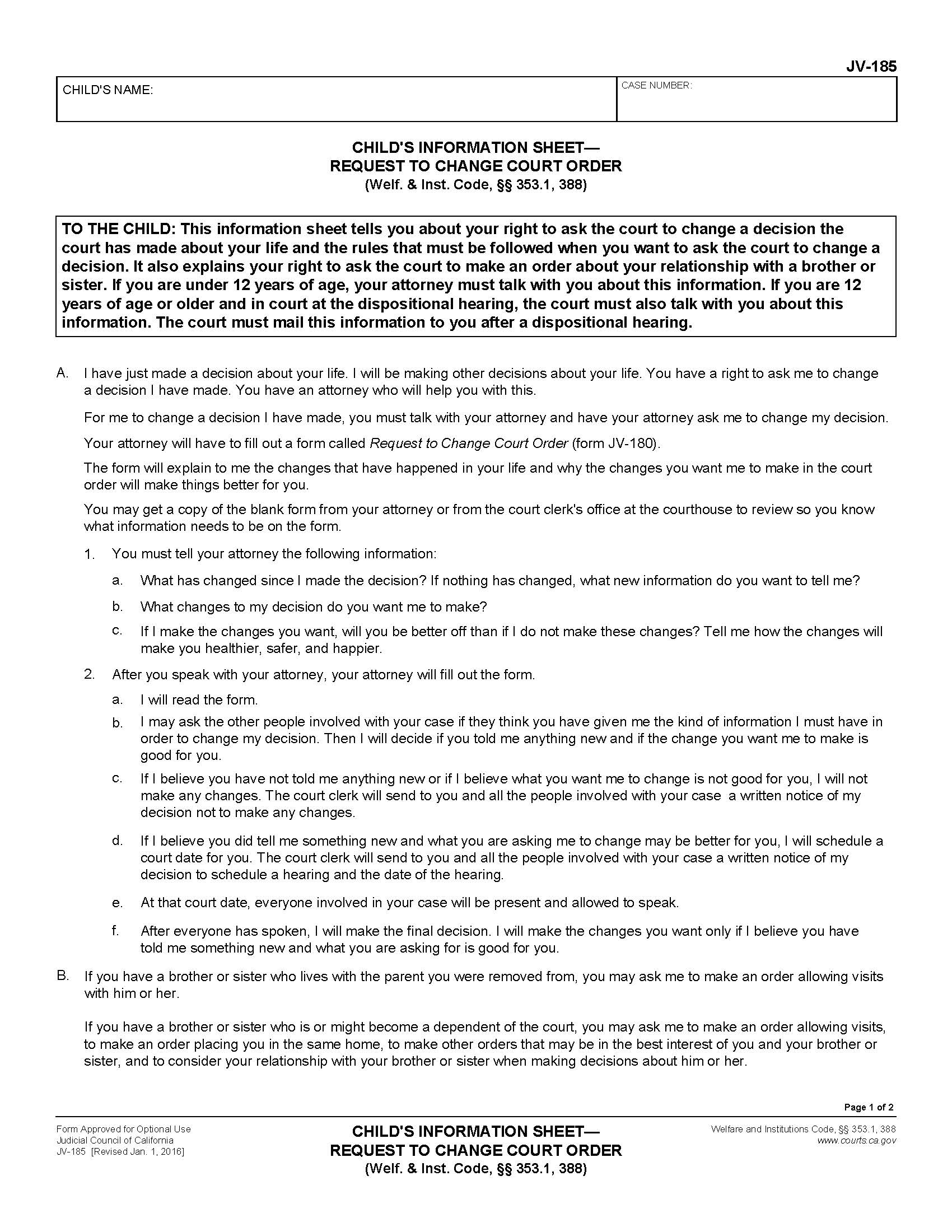 Childs Information Sheet-Request To Change Court Order {JV-185} | Pdf Fpdf Doc Docx | California