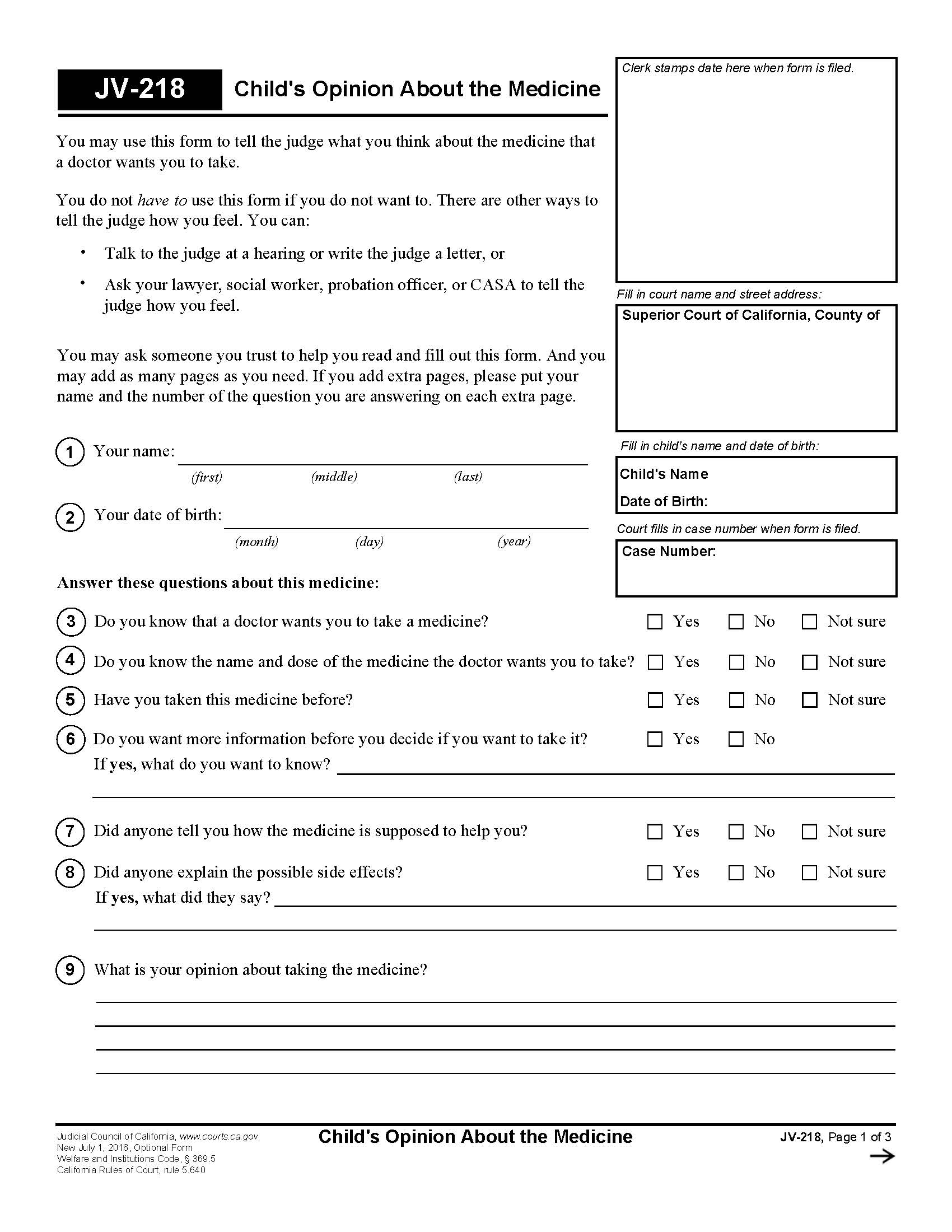 Childs Opinion About The Medicine {JV-218} | Pdf Fpdf Doc Docx | California