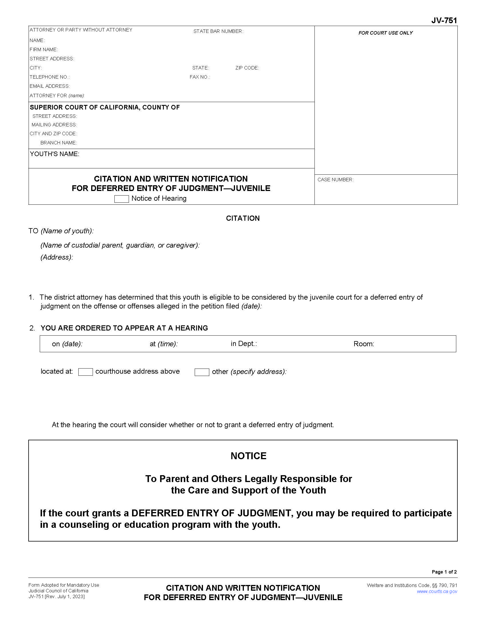Citation And Written Notification For Deferred Entry Of Judgment-Juvenile {JV-751} | Pdf Fpdf Doc Docx | California