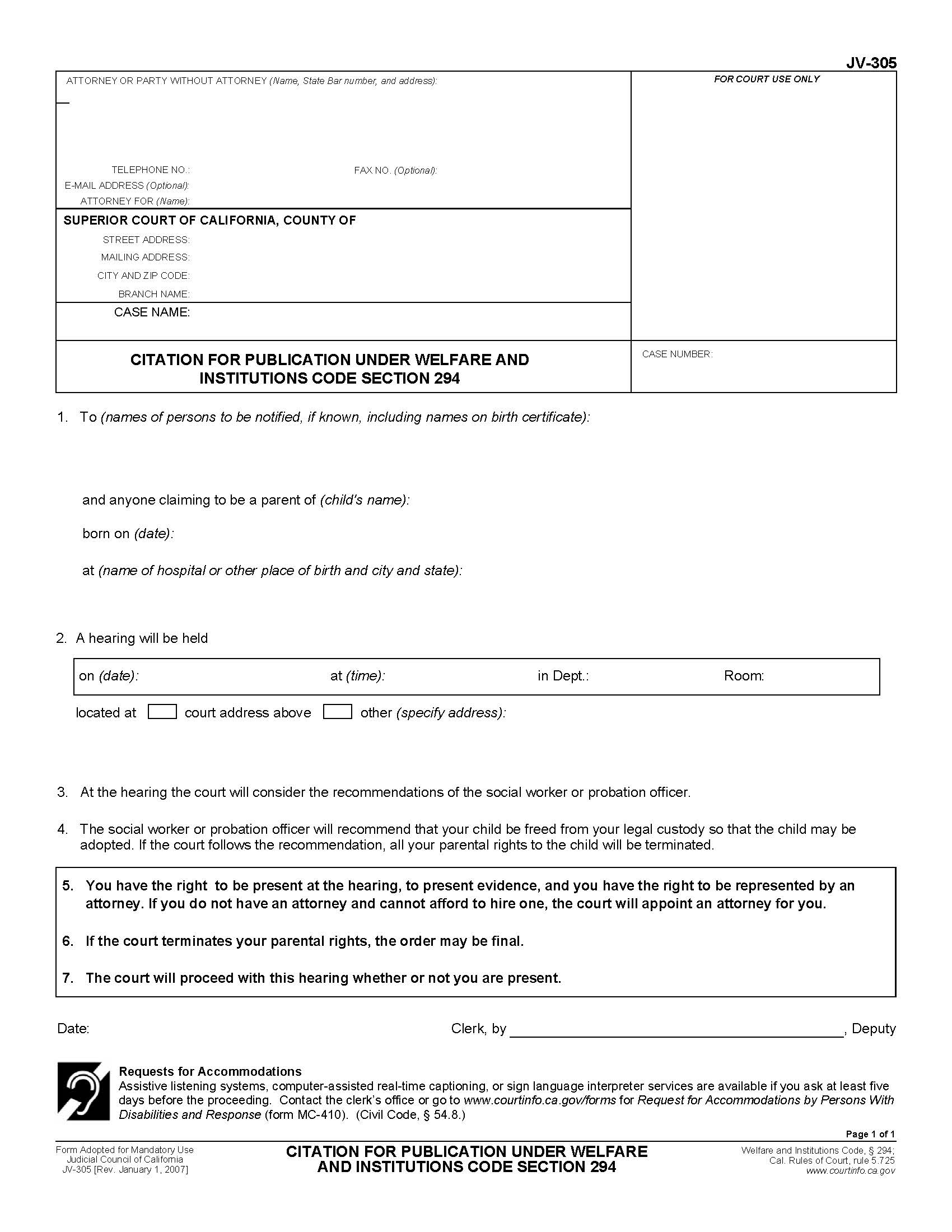 Citation For Publication Under Welfare And Institutions Code Section 294 {JV-305} | Pdf Fpdf Doc Docx | California