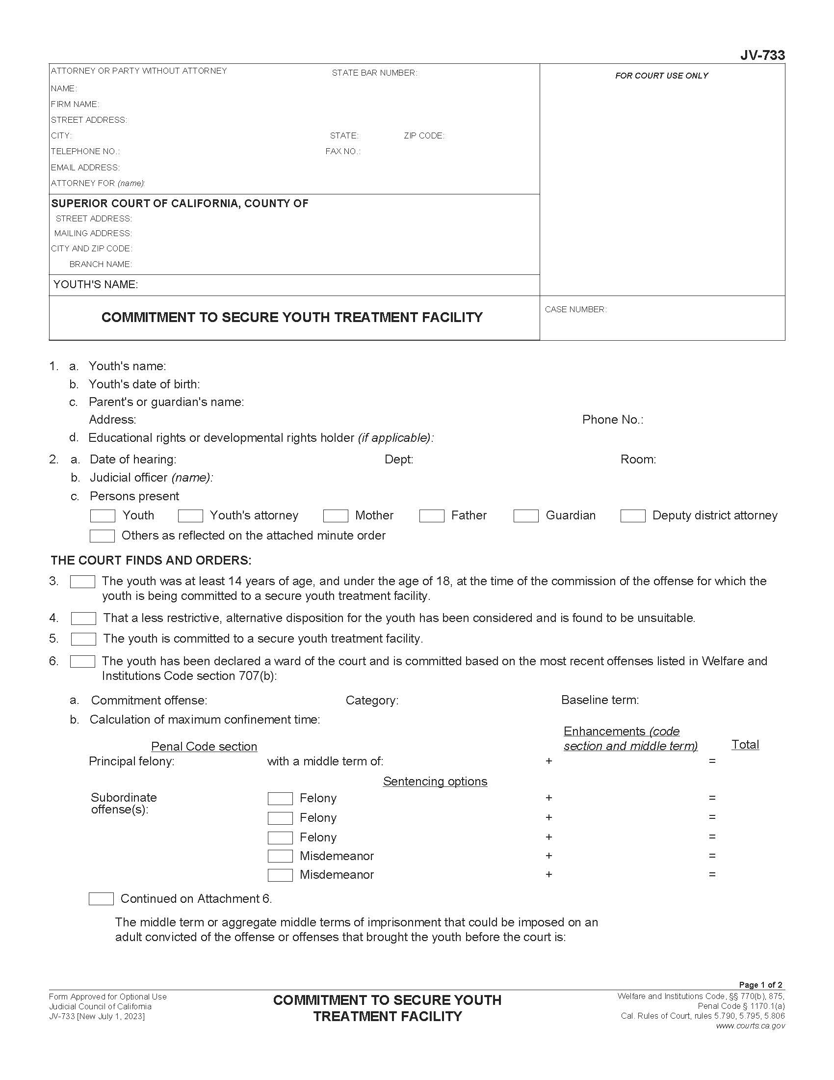 Commitment To Secure Youth Treatment Facility {JV-733} | Pdf Fpdf Docx | California