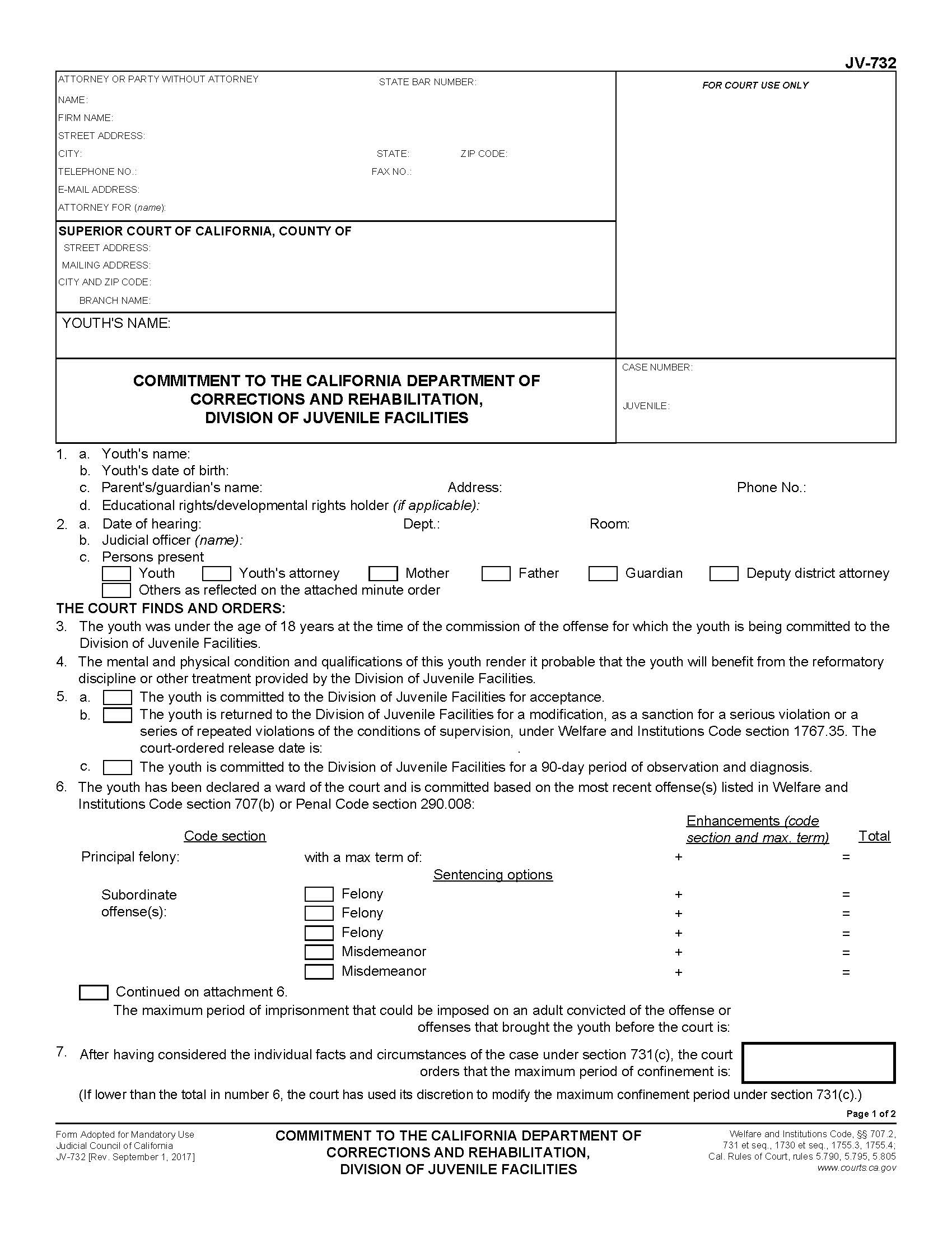 Commitment To The California Department Of Corrections And Rehabilitation {JV-732} | Pdf Fpdf Doc Docx | California