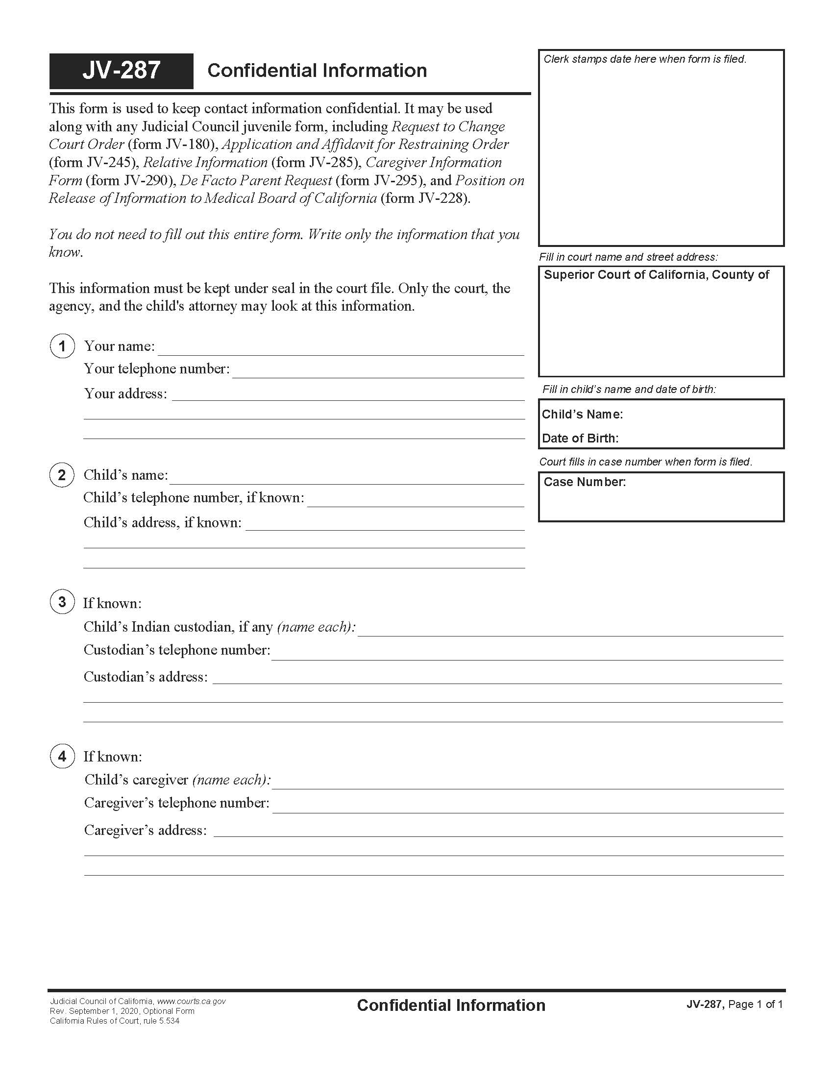 Confidential Information {JV-287} | Pdf Fpdf Doc Docx | California