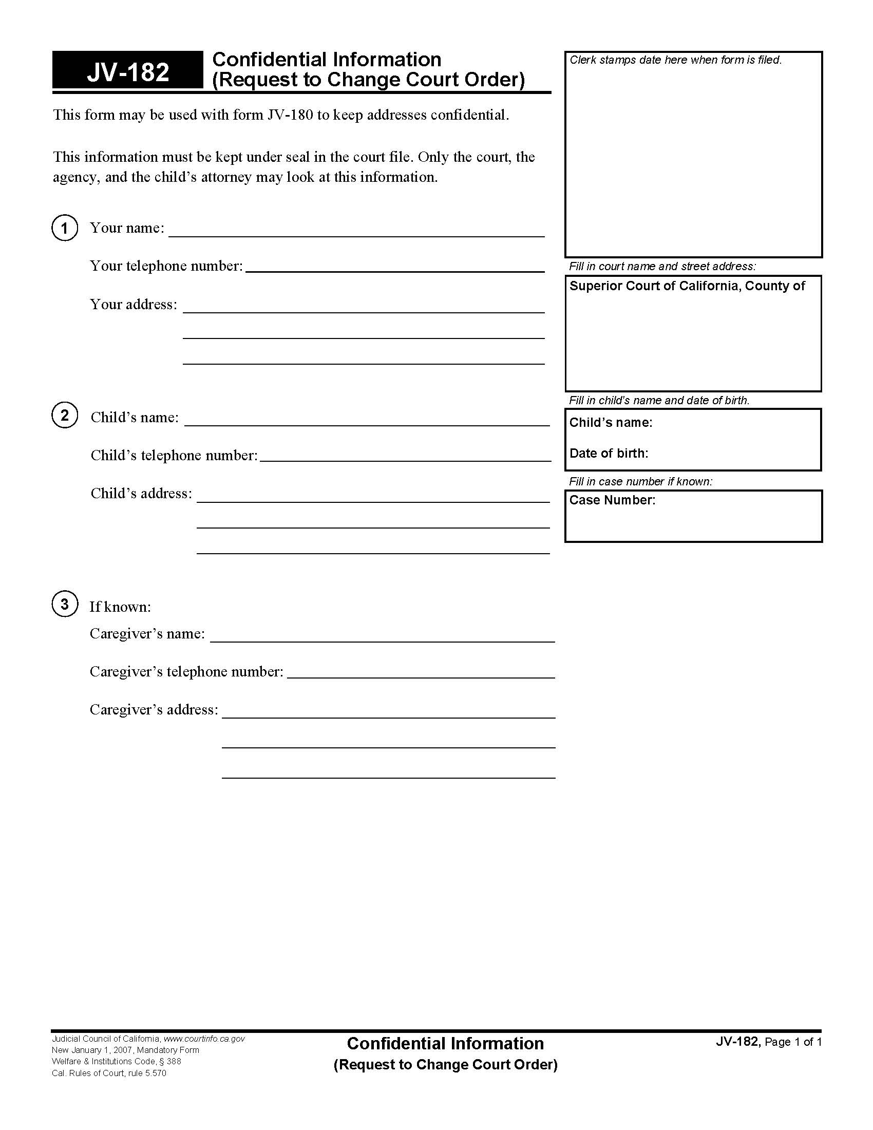 Confidential Information (Request To Change Court Order) {JV-182} | Pdf Fpdf Doc Docx | California
