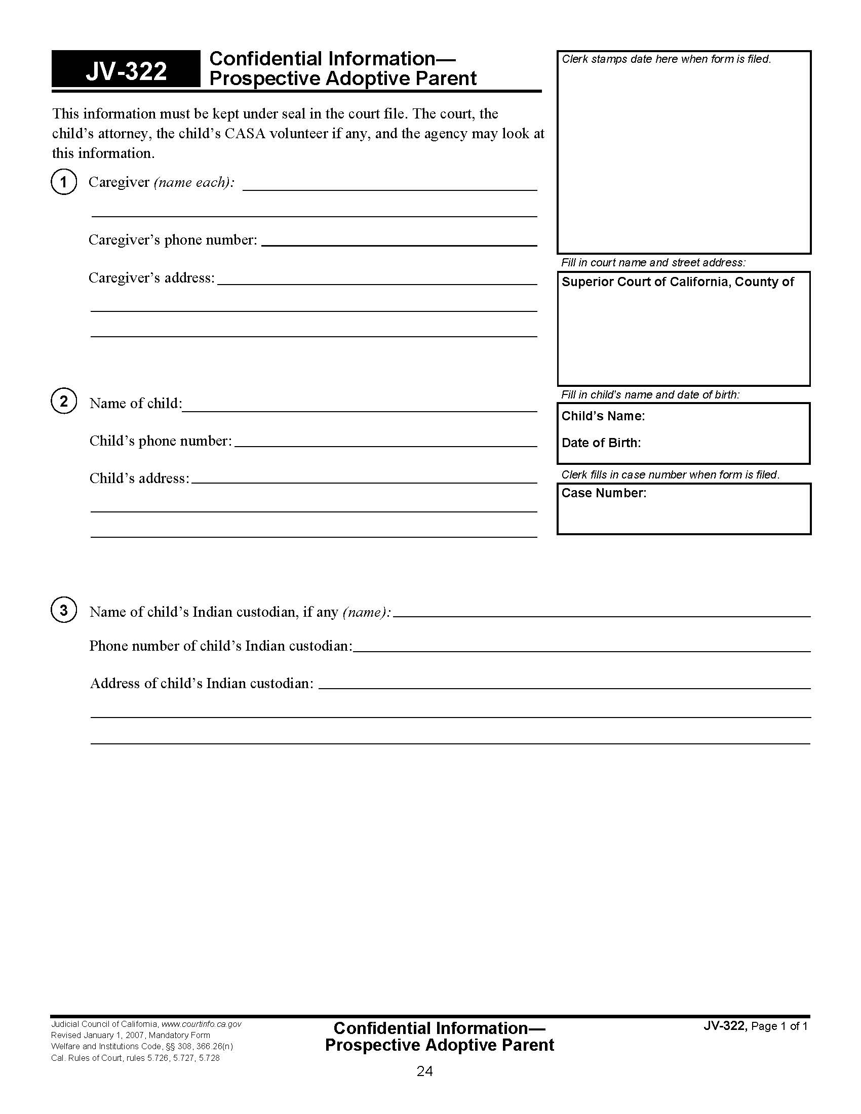 Confidential Information-Prospective Adoptive Parent {JV-322} | Pdf Fpdf Doc Docx | California