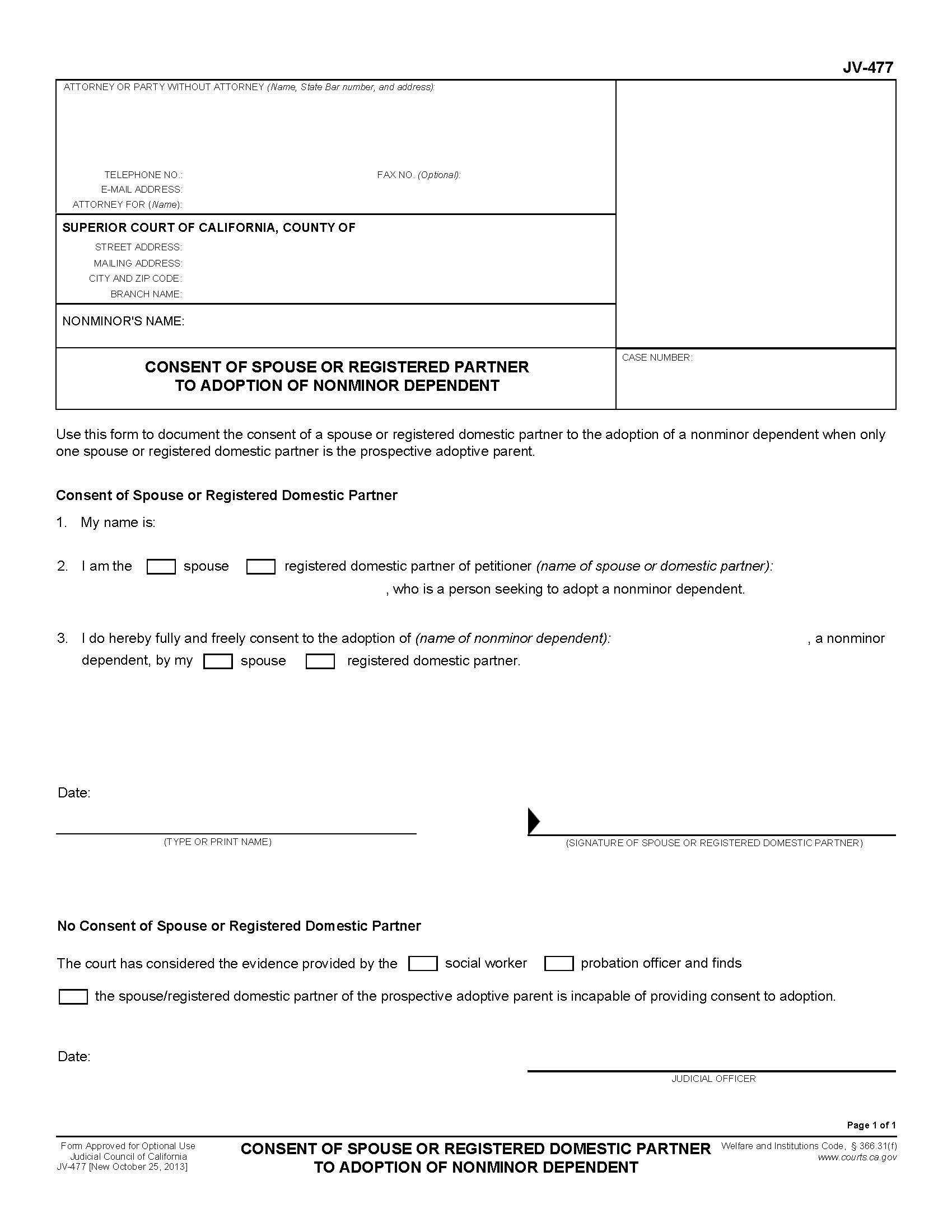 Consent Of Spouse Or Registered Domestic Partner To Adoption Of Nonminor Dependent {JV-477} | Pdf Fpdf Doc Docx | California