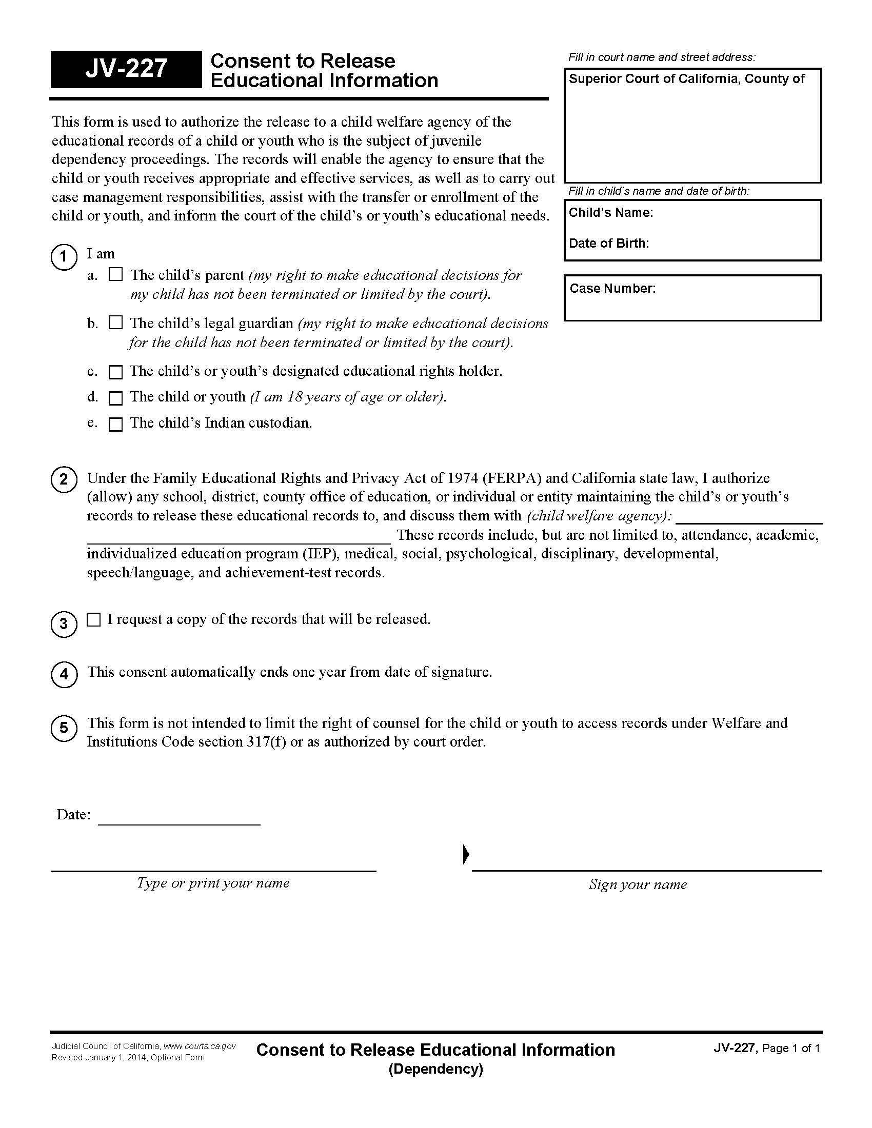 Consent To Release Education Information {JV-227} | Pdf Fpdf Doc Docx | California