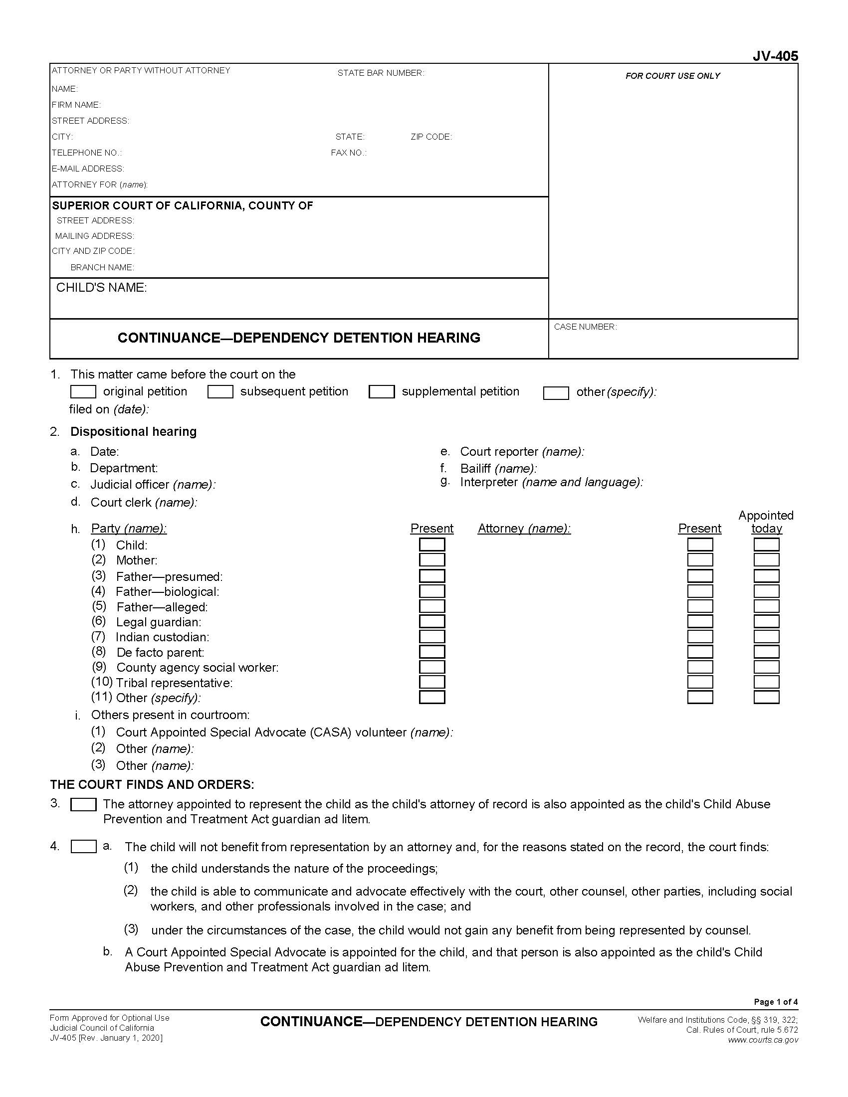 Continuance-Dependency Detention Hearing {JV-405} | Pdf Fpdf Doc Docx | California