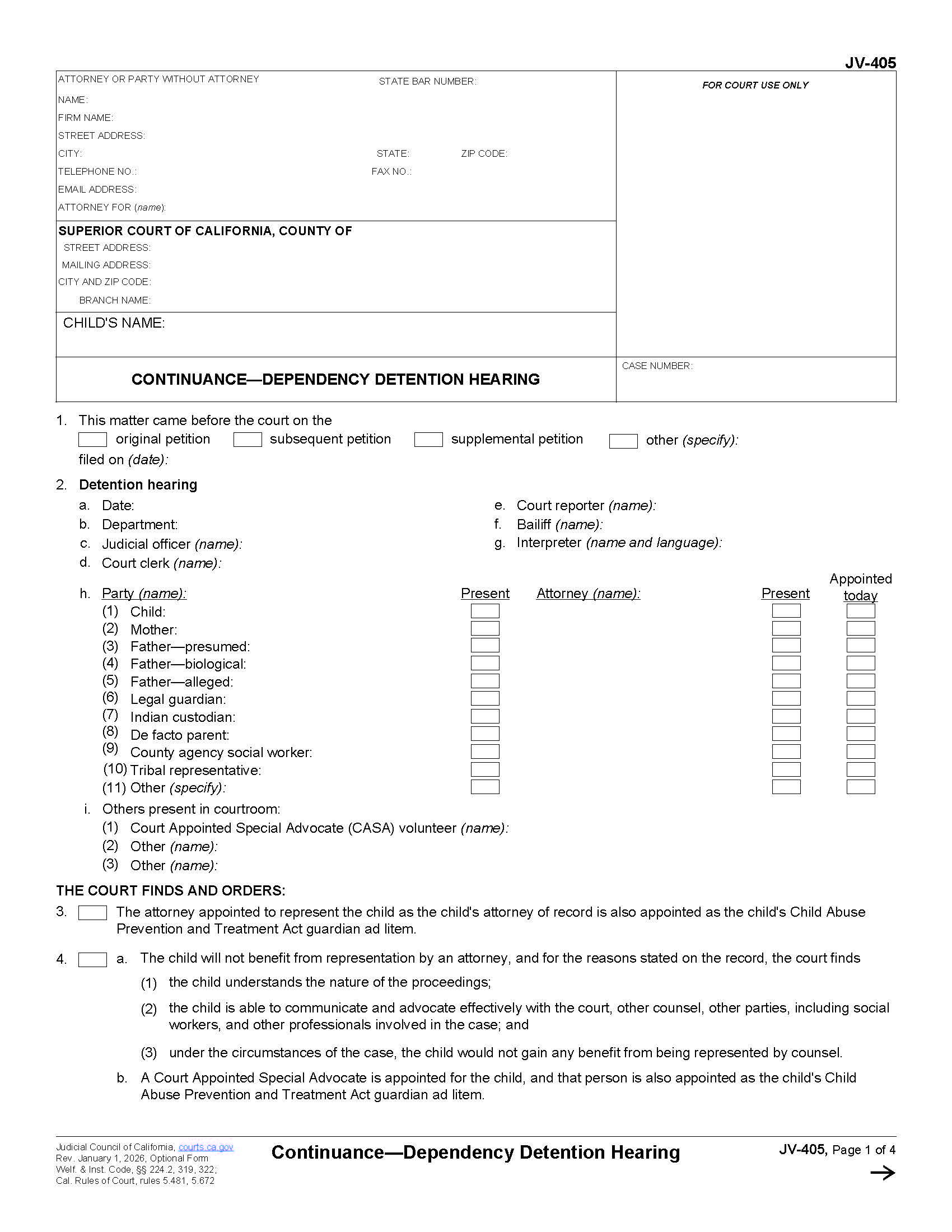 Continuance-Dependency Detention Hearing {JV-405} | Pdf Fpdf Doc Docx | California