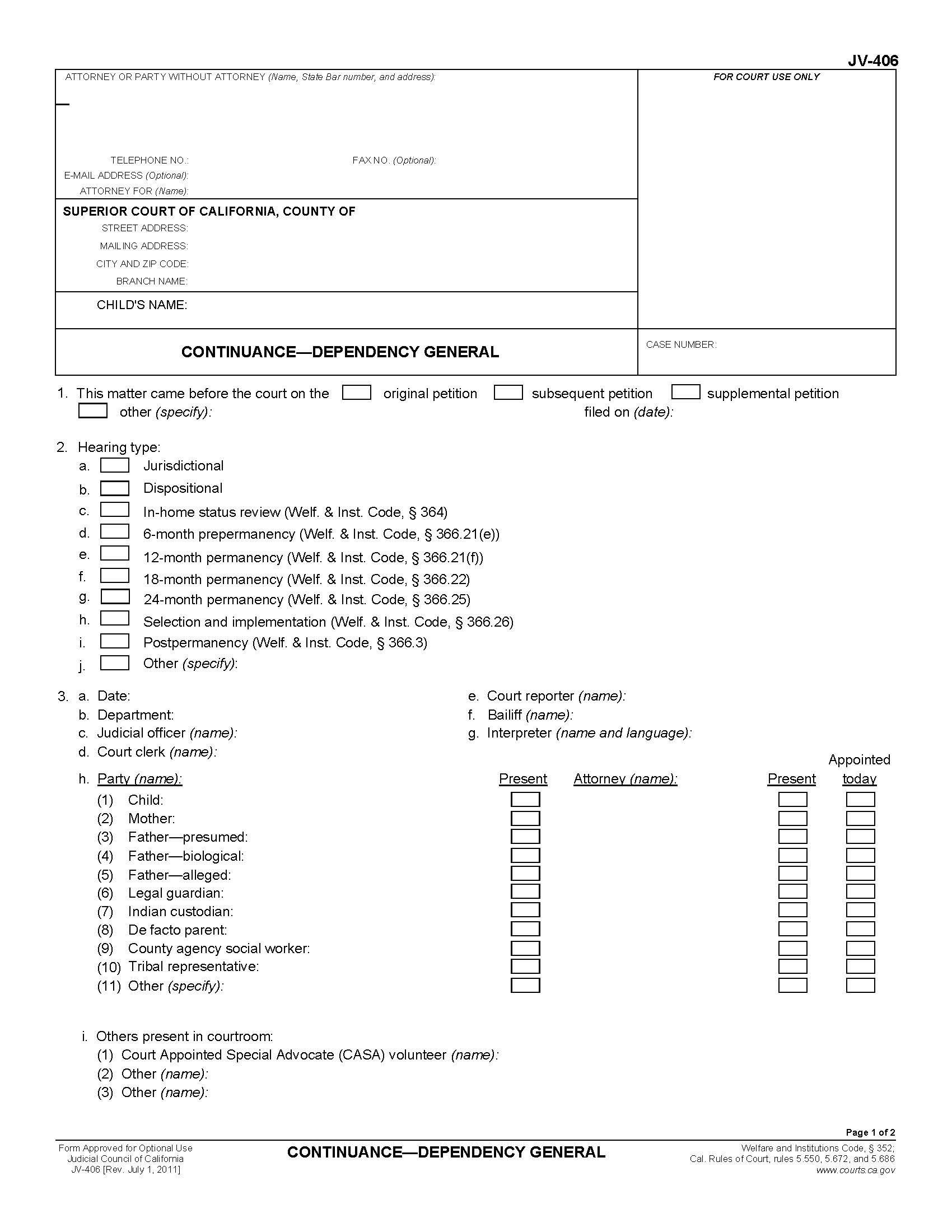 Continuance-Dependency General {JV-406} | Pdf Fpdf Doc Docx | California