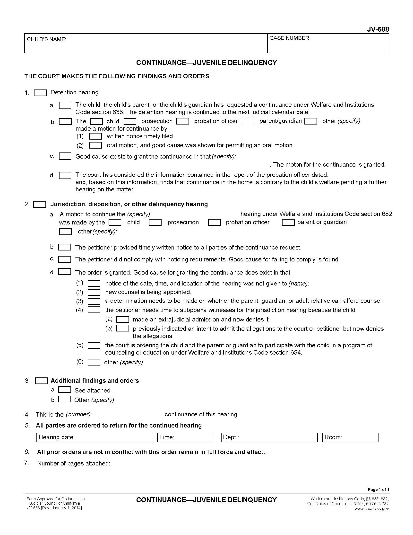 Continuance-Juvenile Delinquency {JV-688} | Pdf Fpdf Doc Docx | California