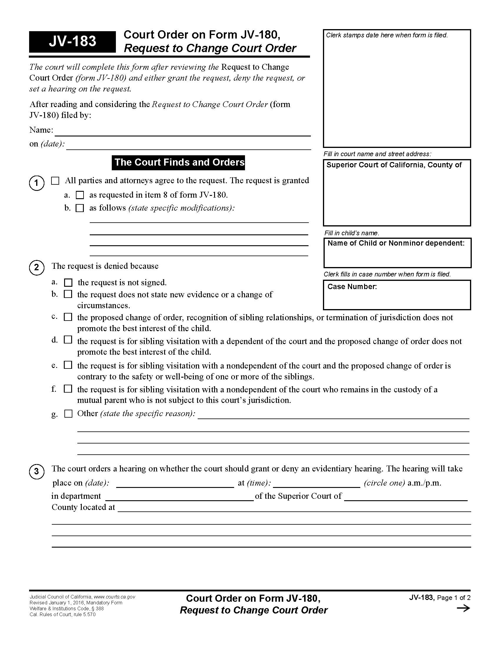 Court Order On Form JV-180 Request To Change Court Order {JV-183} | Pdf Fpdf Doc Docx | California