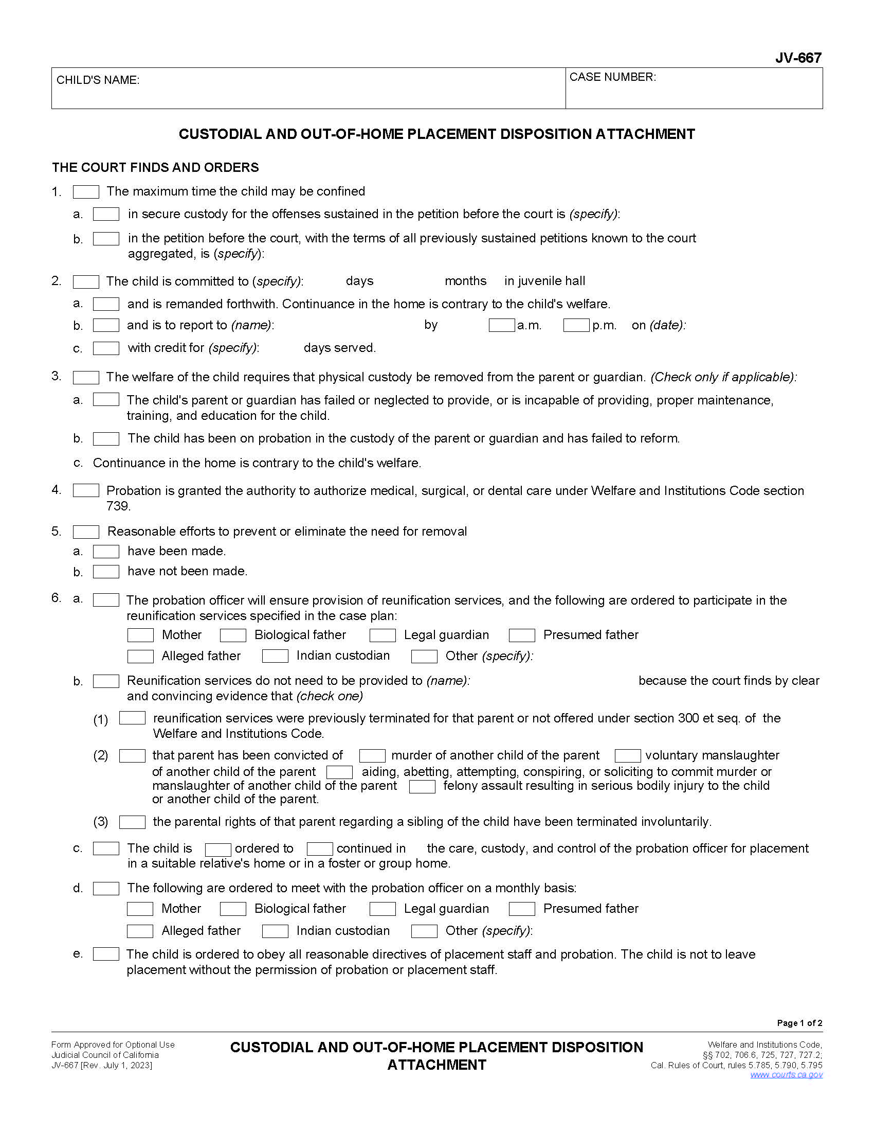 Custodial And Out Of Home Placement Disposition Attachment {JV-667} | Pdf Fpdf Doc Docx | California