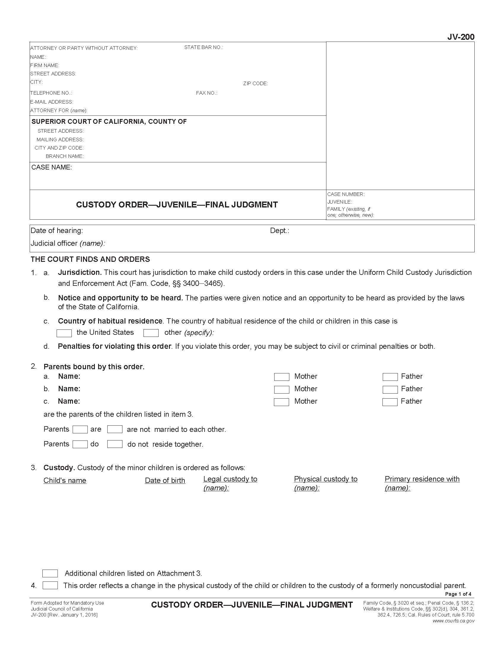 Custody Order-Juvenile Final Judgment {JV-200} | Pdf Fpdf Doc Docx | California