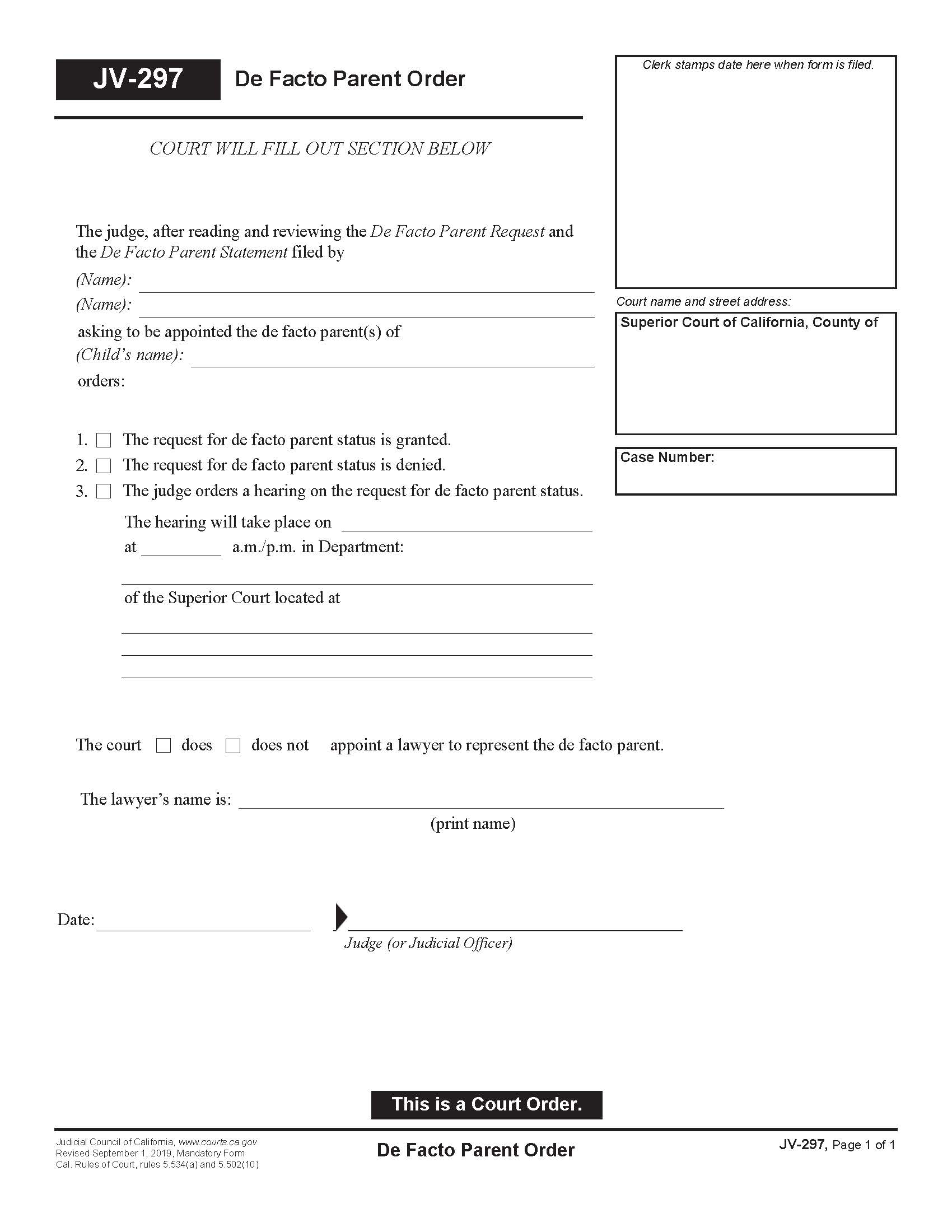 De Facto Parent Order {JV-297} | Pdf Fpdf Docx | California