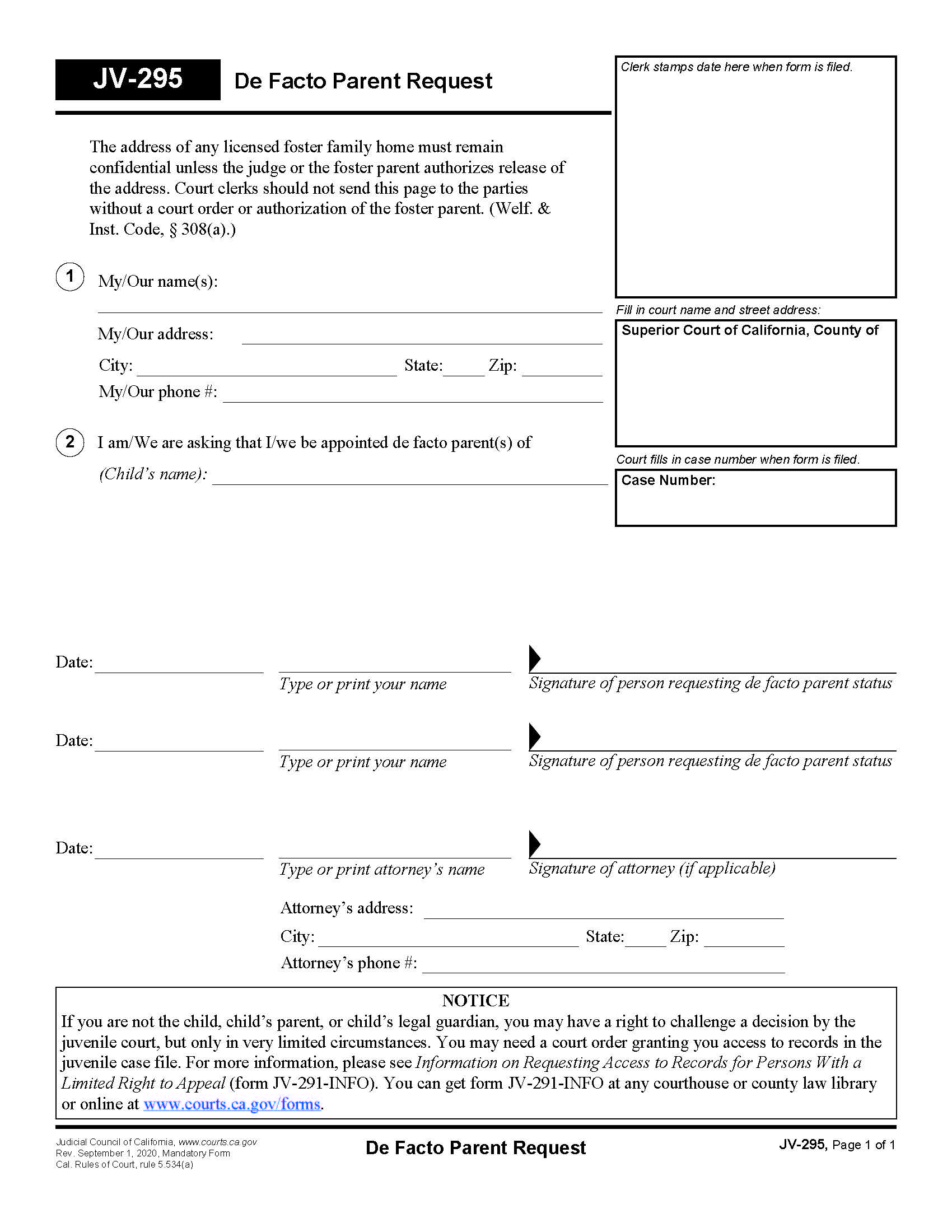 De Facto Parent Request {JV-295} | Pdf Fpdf Doc Docx | California