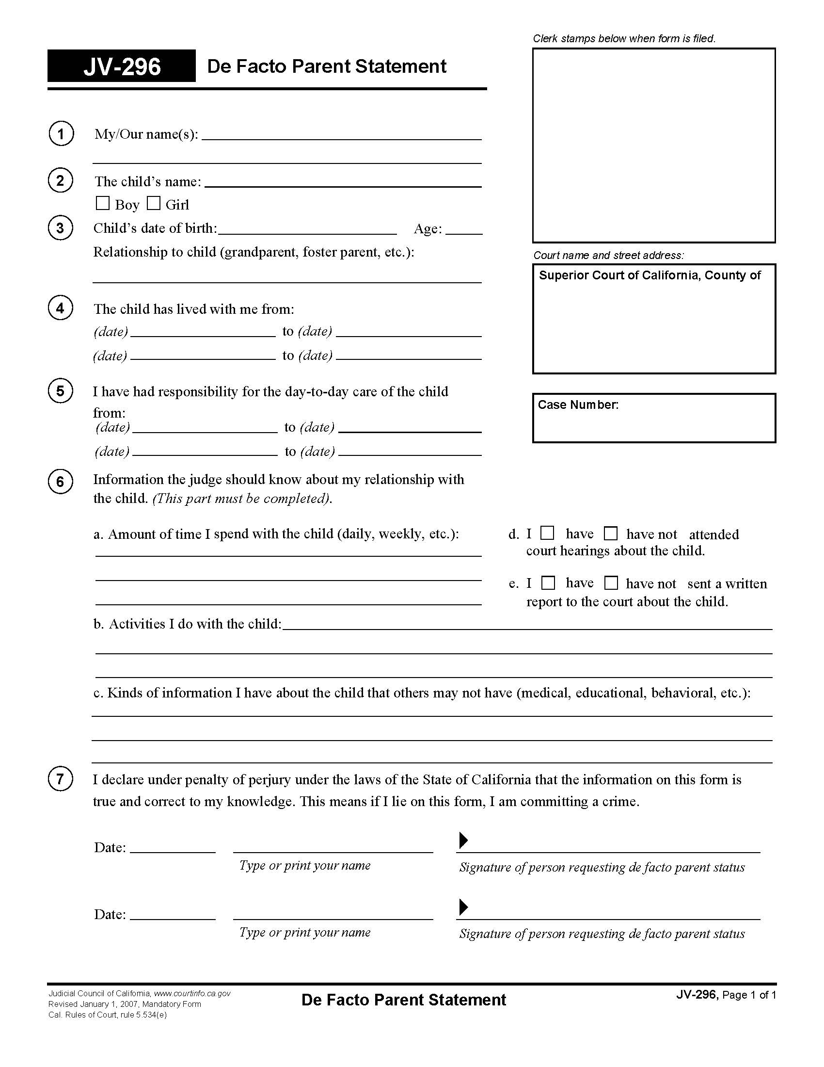 De Facto Parent Statement {JV-296} | Pdf Fpdf Doc Docx | California