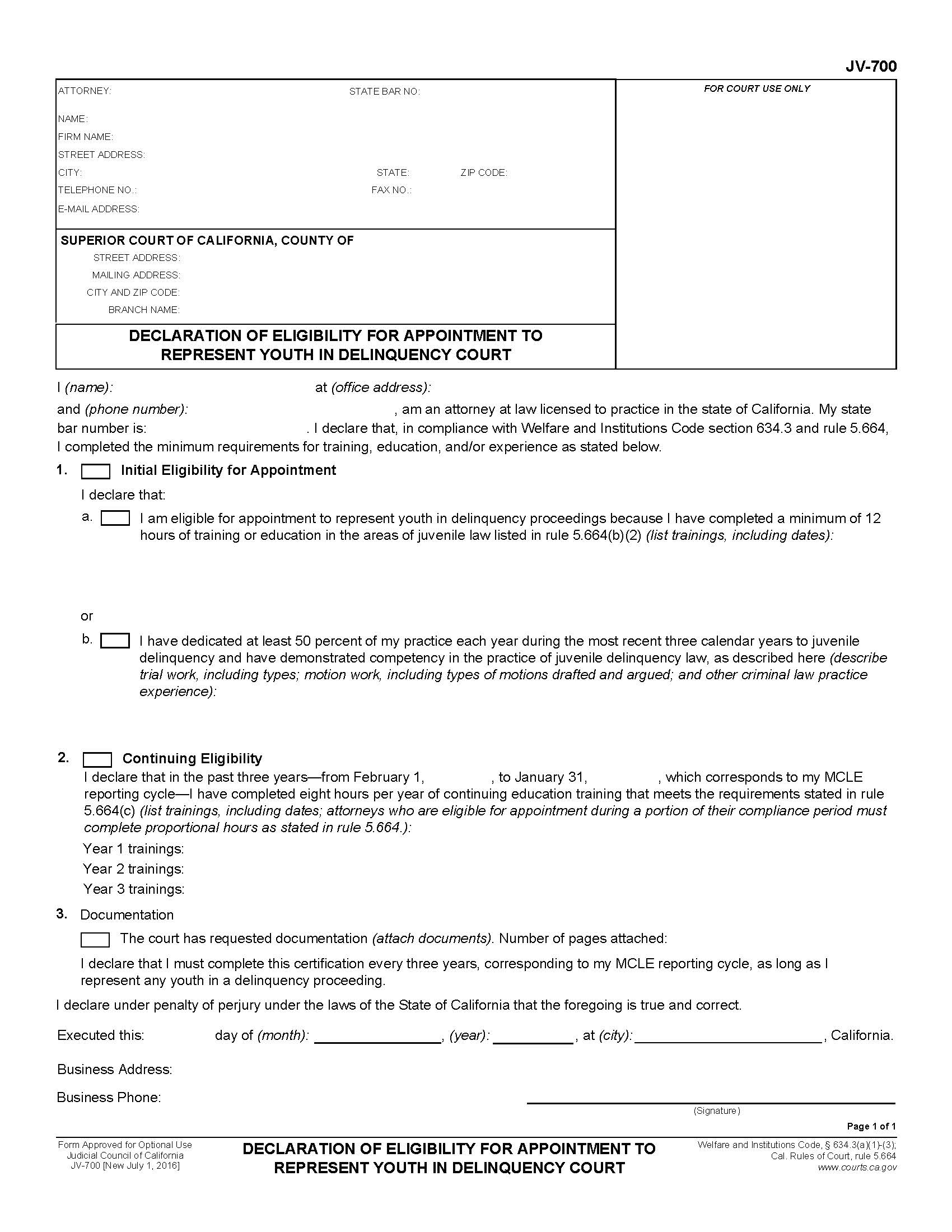 Declaration Of Eligibility For Appointment To Represent Youth In Delinquency Court {JV-700} | Pdf Fpdf Doc Docx | California