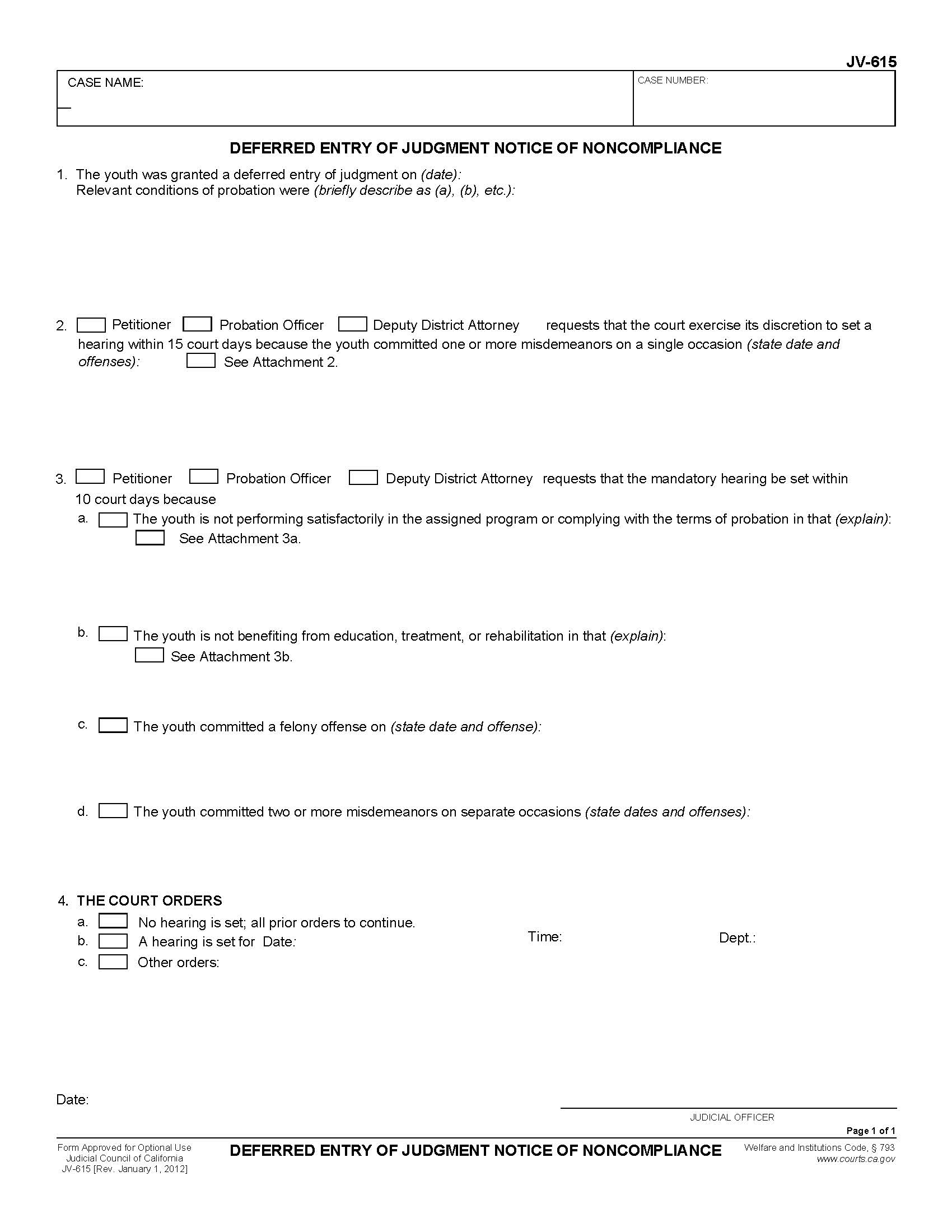 Deferred Entry Of Judgment Notice Of Noncompliance {JV-615} | Pdf Fpdf Doc Docx | California