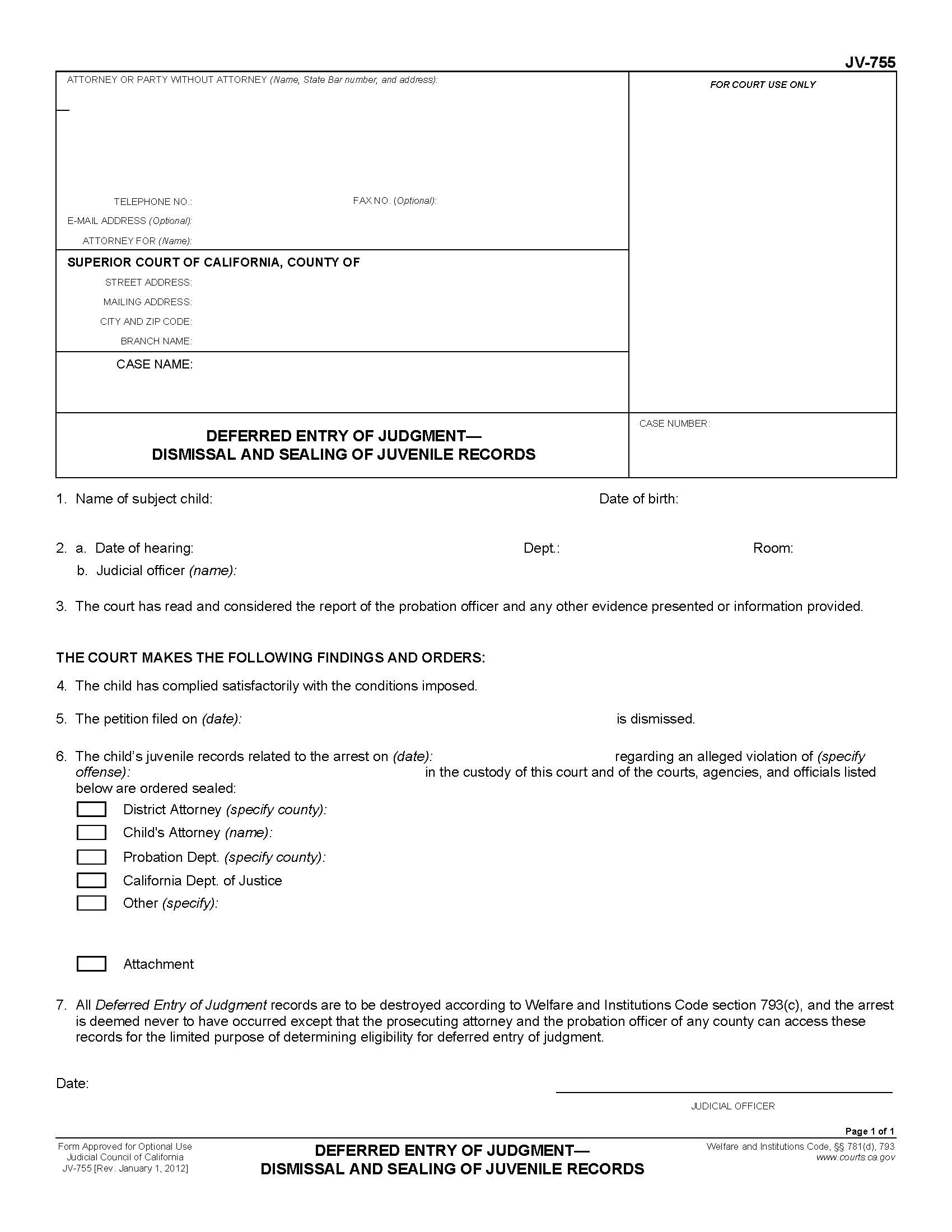 Deferred Entry Of Judgment-Dismissal And Sealing Of Juvenile Records {JV-755} | Pdf Fpdf Doc Docx | California