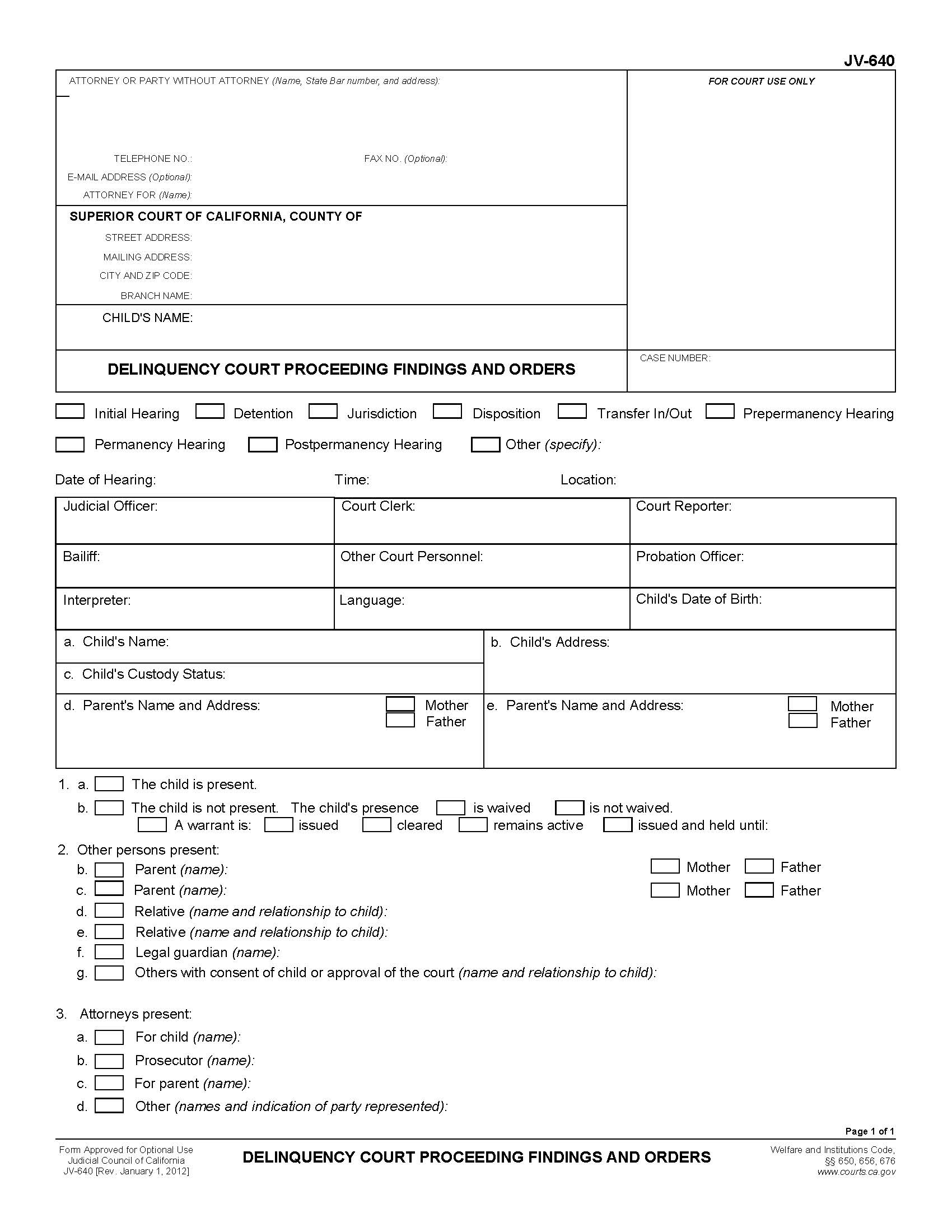 Delinquency Court Proceeding Findings And Orders {JV-640} | Pdf Fpdf Doc Docx | California