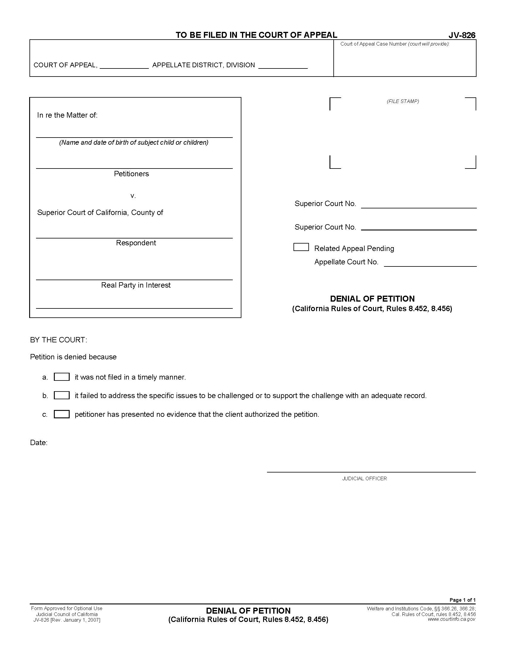 Denial Of Petition (California Rules Of Court Rules 8.452 8.456) {JV-826} | Pdf Fpdf Doc Docx | California