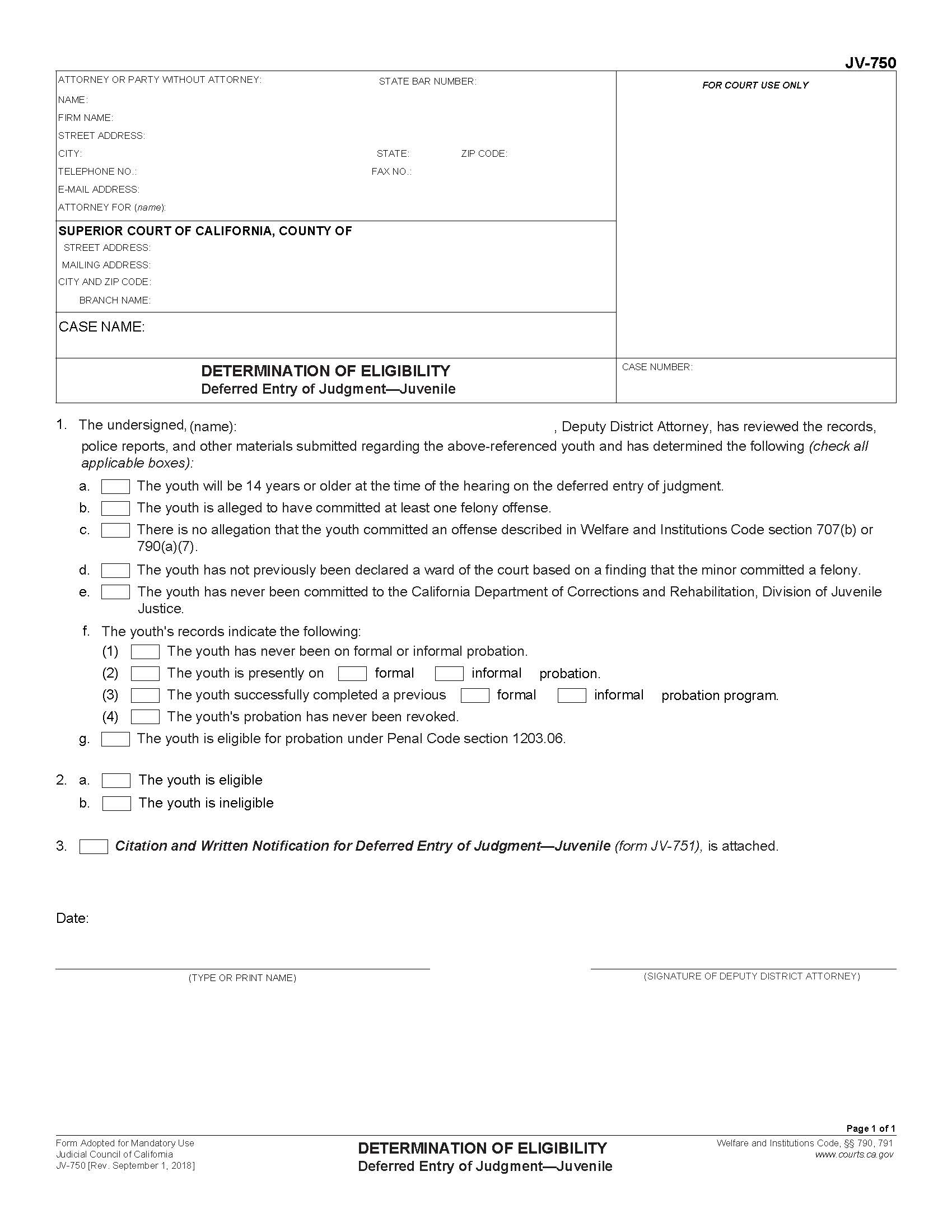 Determination Of Eligibility Deferred Entry Of Judgment {JV-750} | Pdf Fpdf Docx | California