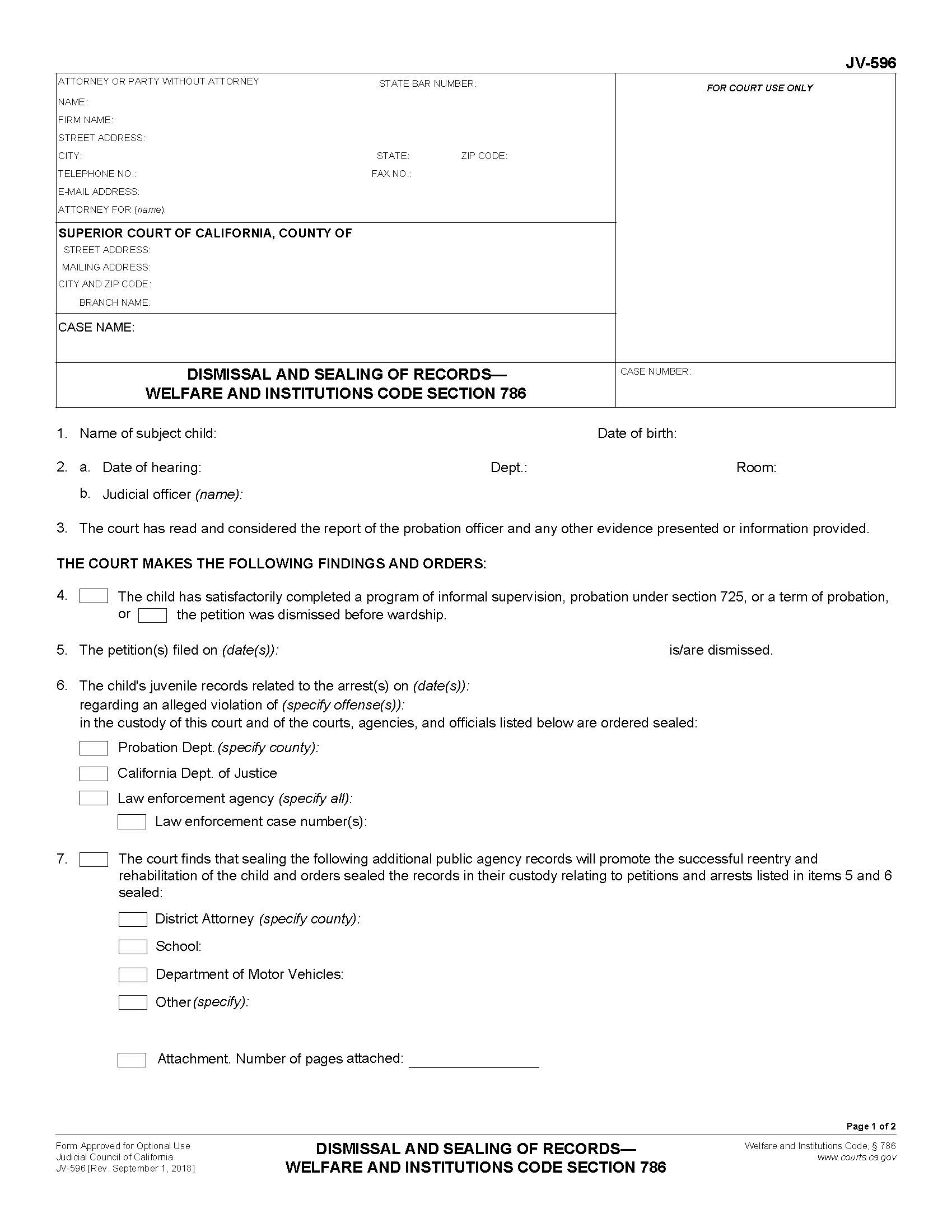 Dismissal And Sealing Of Records-Welfare And Institutions Code Section 786 {JV-596} | Pdf Fpdf Docx | California