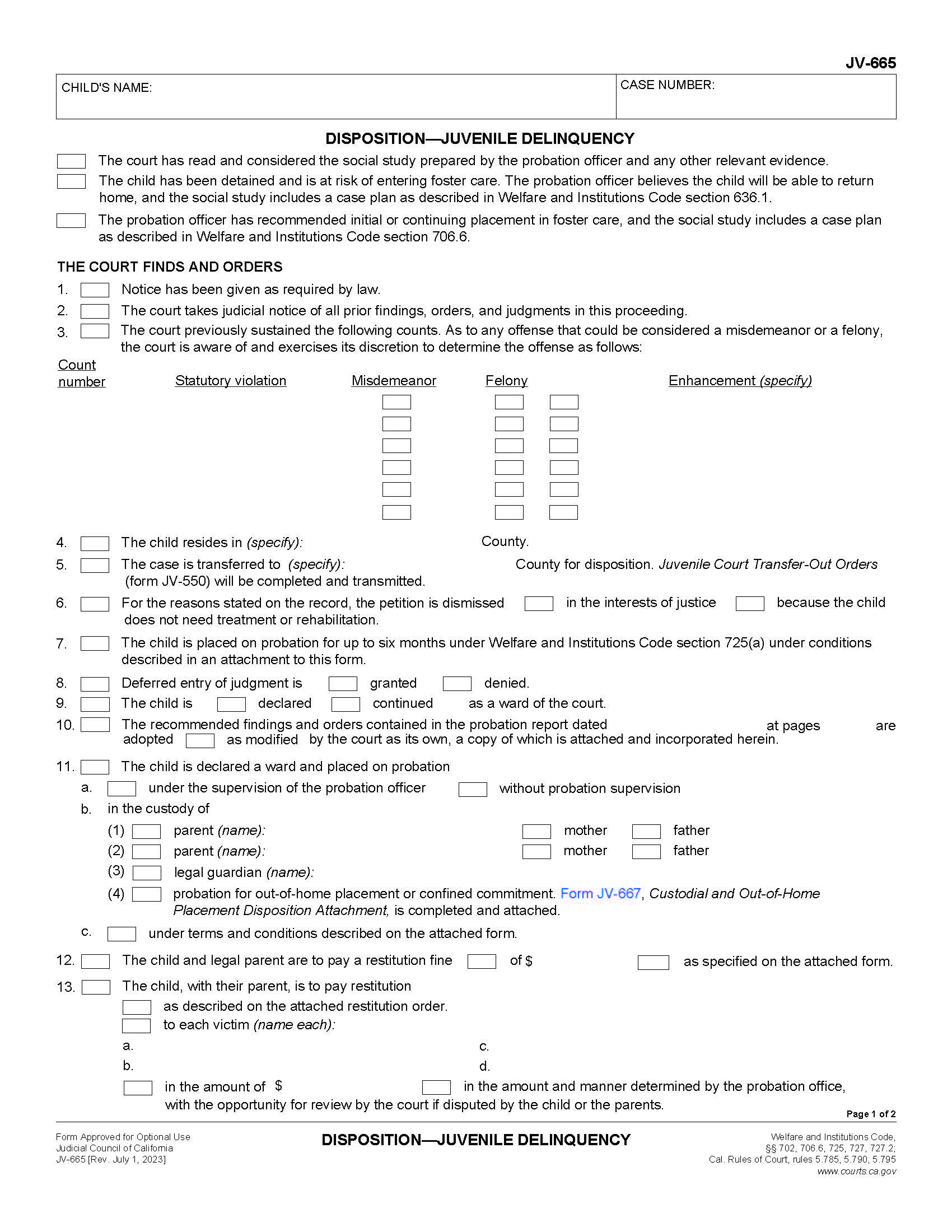 Disposition-Juvenile Delinquency {JV-665} | Pdf Fpdf Doc Docx | California