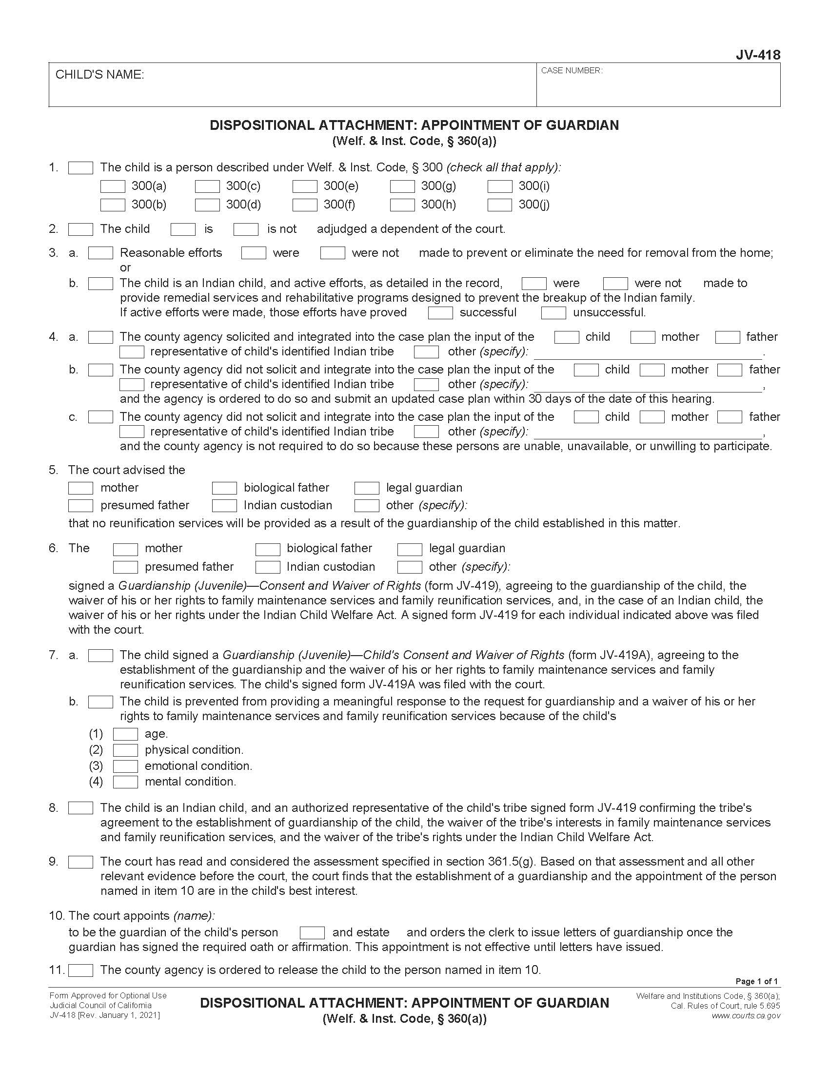 Dispositional Attachment Appointment Of Guardian {JV-418} | Pdf Fpdf Doc Docx | California