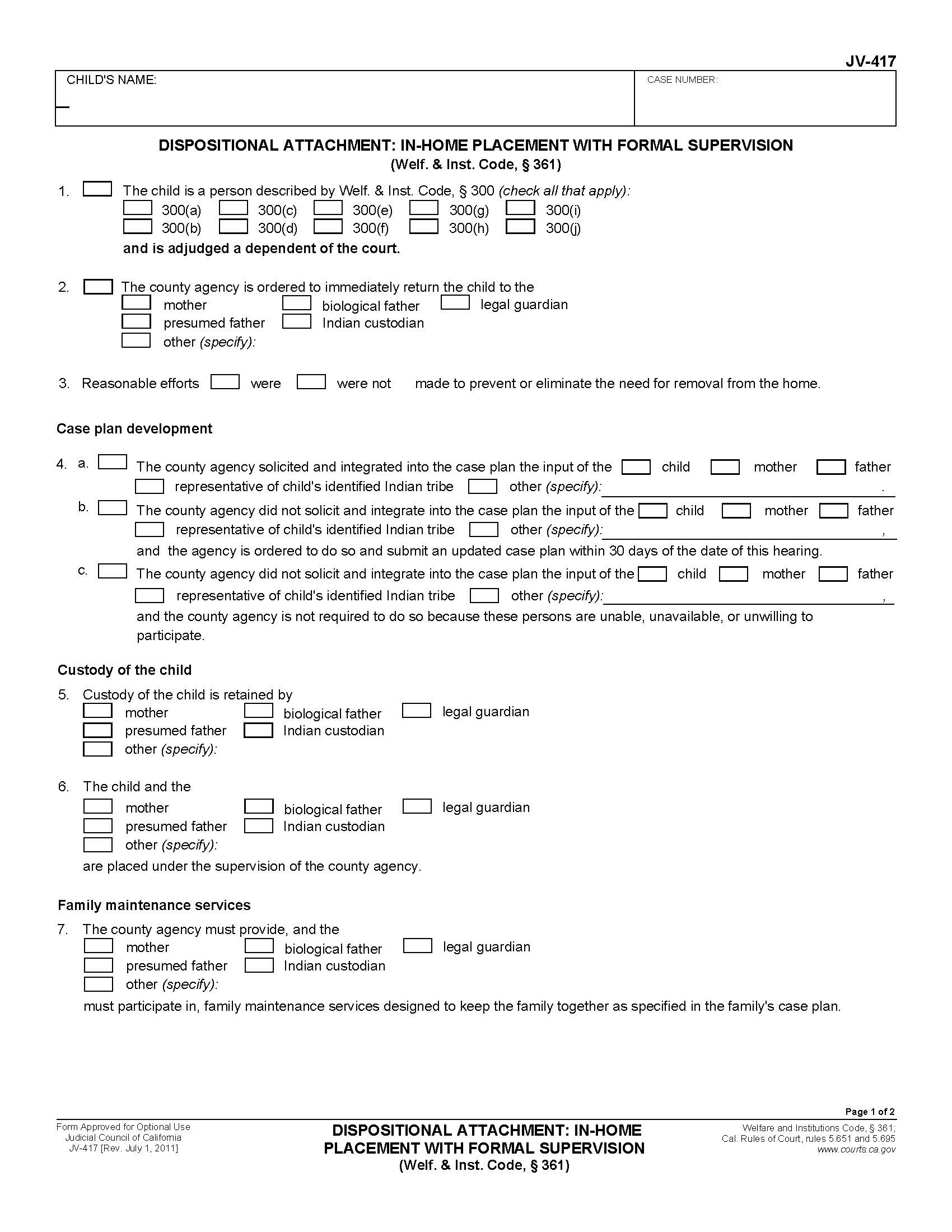 Dispositional Attachment In-Home Placement With Formal Supervision {JV-417} | Pdf Fpdf Doc Docx | California