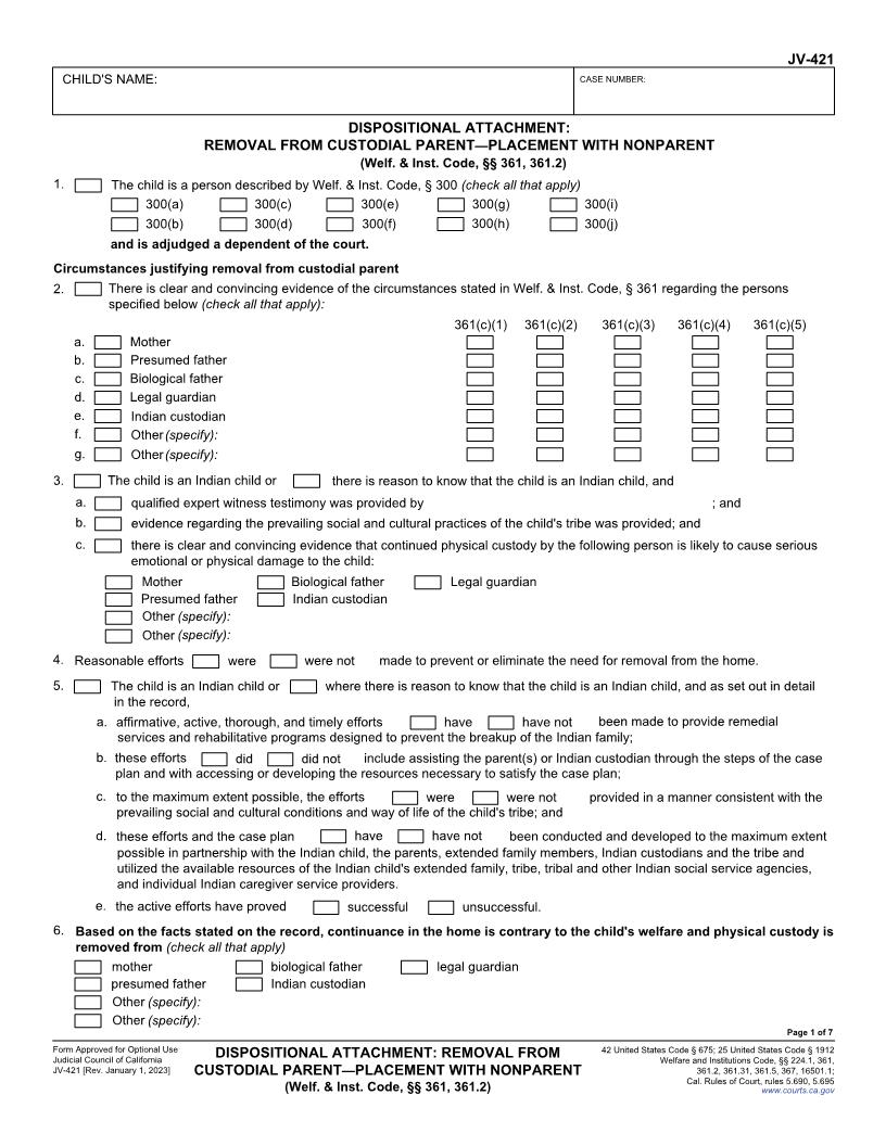 Dispositional Attachment Removal From Custodial Parent-Placement With Nonparent {JV-421} | Pdf Fpdf Docx | California