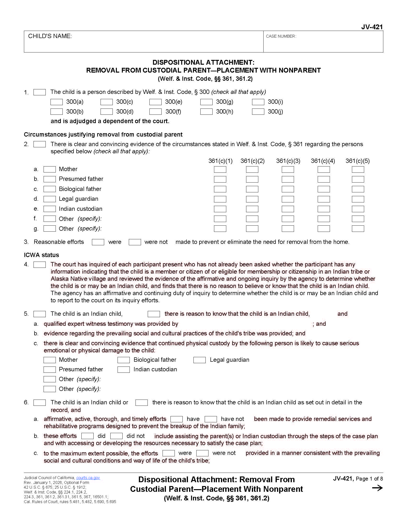 Dispositional Attachment Removal From Custodial Parent-Placement With Nonparent {JV-421} | Pdf Fpdf Docx | California