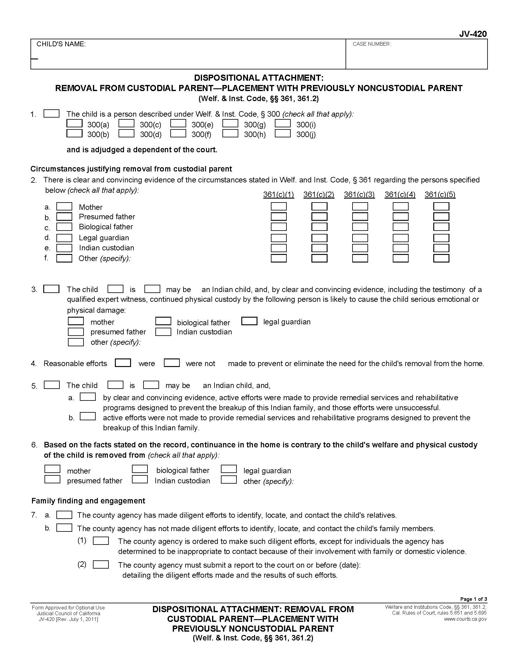 Dispositional Attachment Removal From Custodial Parent-Placement With Previously Noncustodial Parent {JV-420} | Pdf Fpdf Doc Docx | California