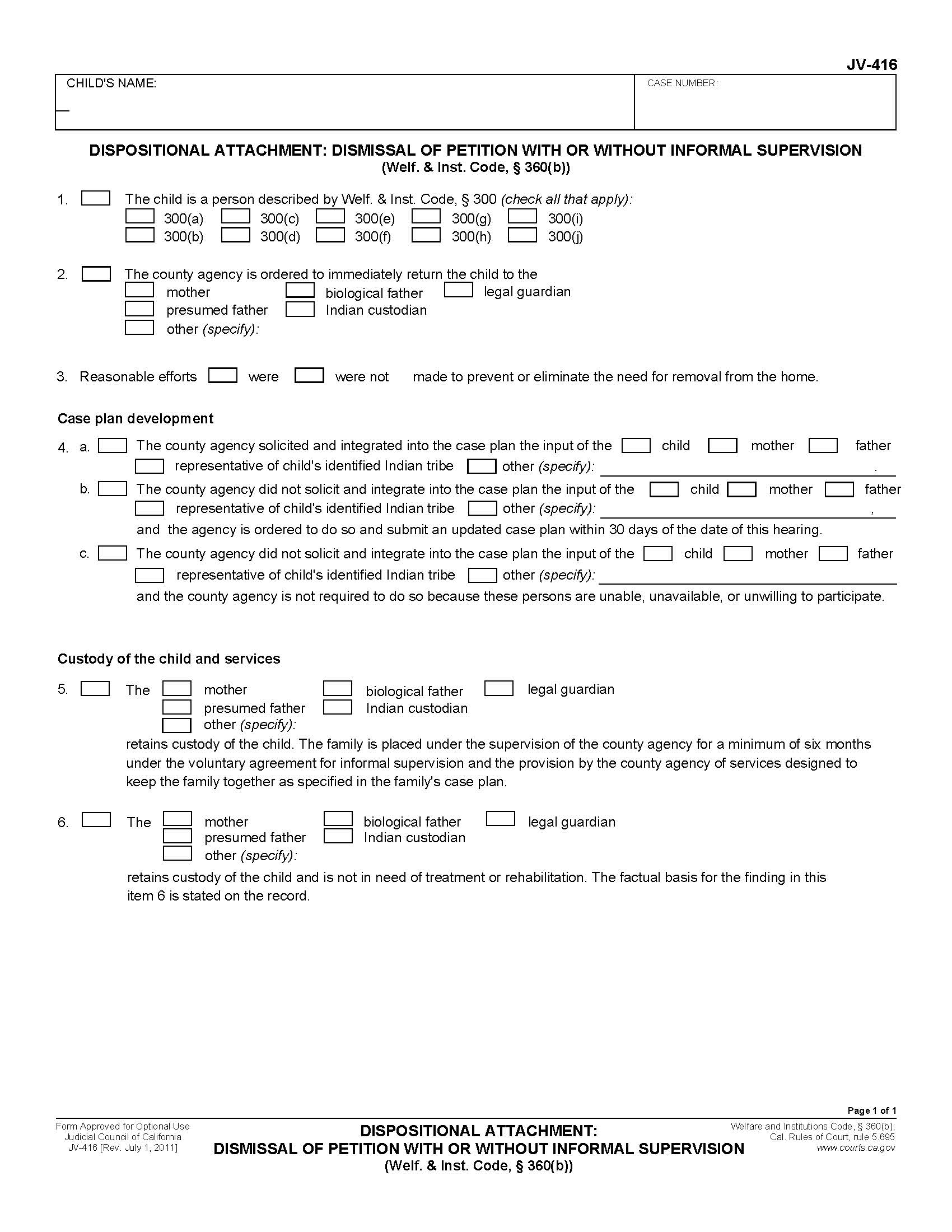 Dispositional Attachment-Dismissal Of Petition With Or Without Informational Supervision {JV-416} | Pdf Fpdf Doc Docx | California