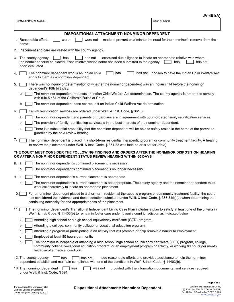 Dispositional Attachment-Nonminor Dependent {JV-461(A)} | Pdf Fpdf Docx | California