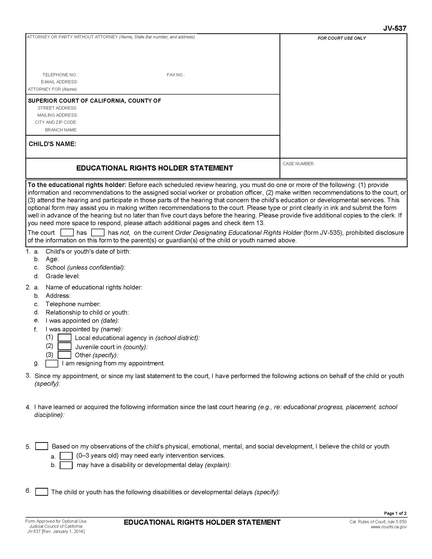 Educational Rights Holder Statement {JV-537} | Pdf Fpdf Doc Docx | California
