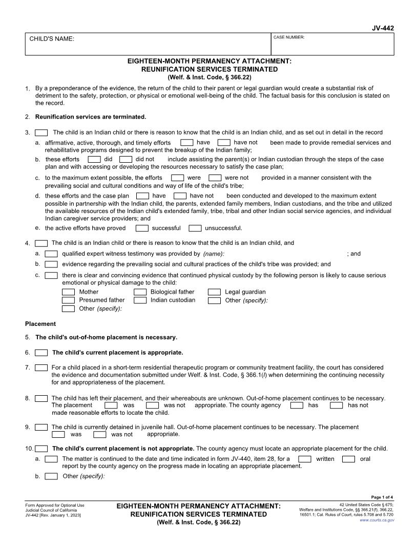 Eighteen-Month Permanency Attachment Reunification Services Terminated {JV-442} | Pdf Fpdf Docx | California