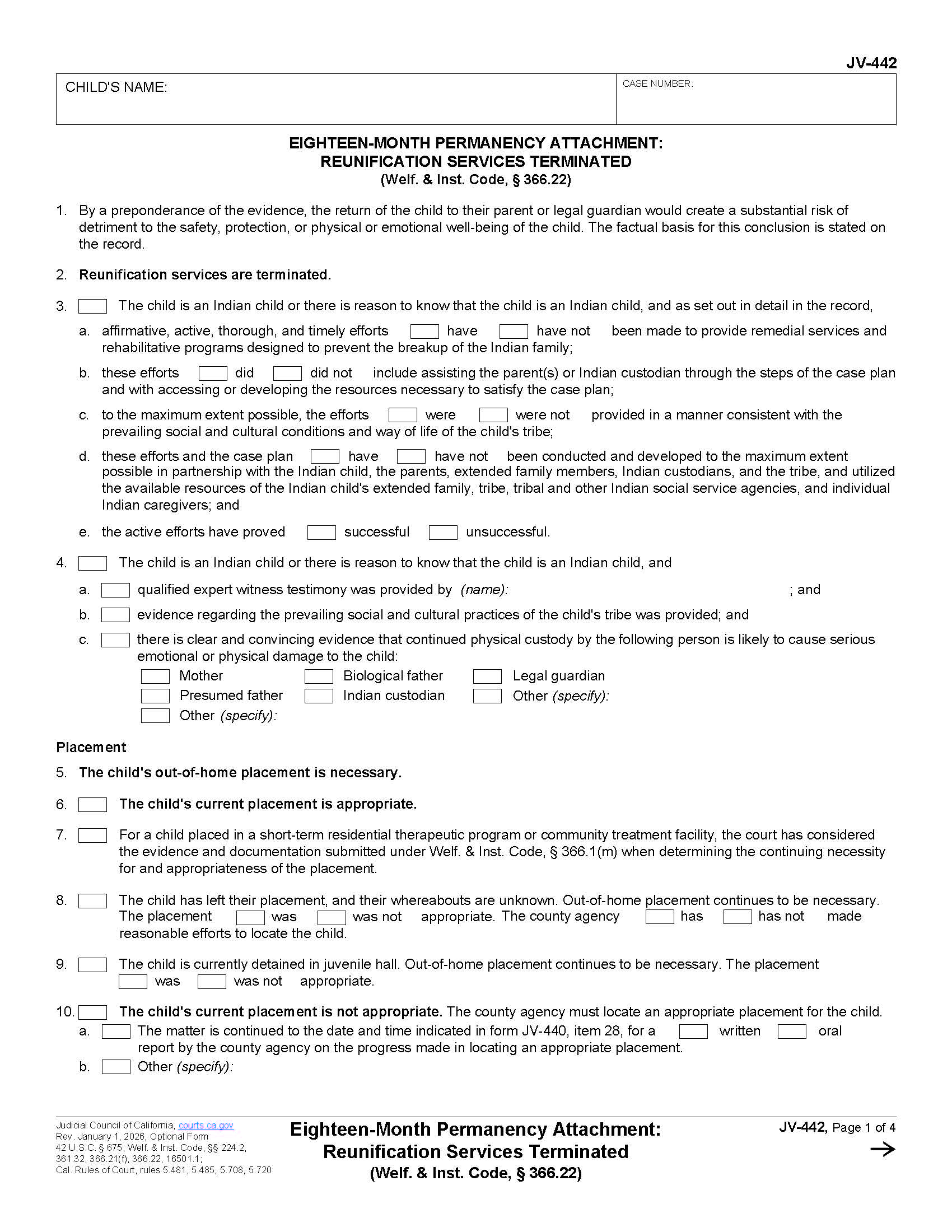 Eighteen-Month Permanency Attachment Reunification Services Terminated {JV-442} | Pdf Fpdf Docx | California