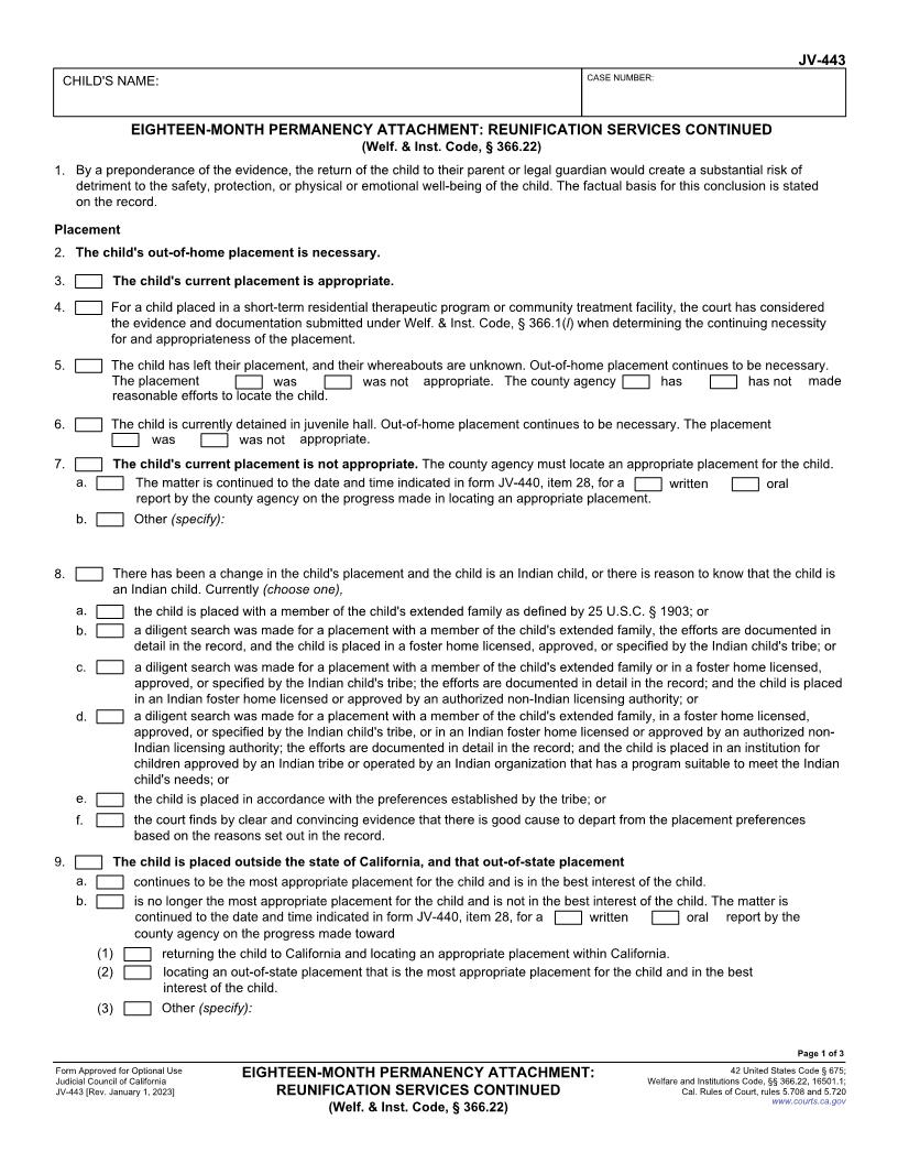 Eighteen-Month Permanency Attachment-Runification Services Continued {JV-443} | Pdf Fpdf Docx | California